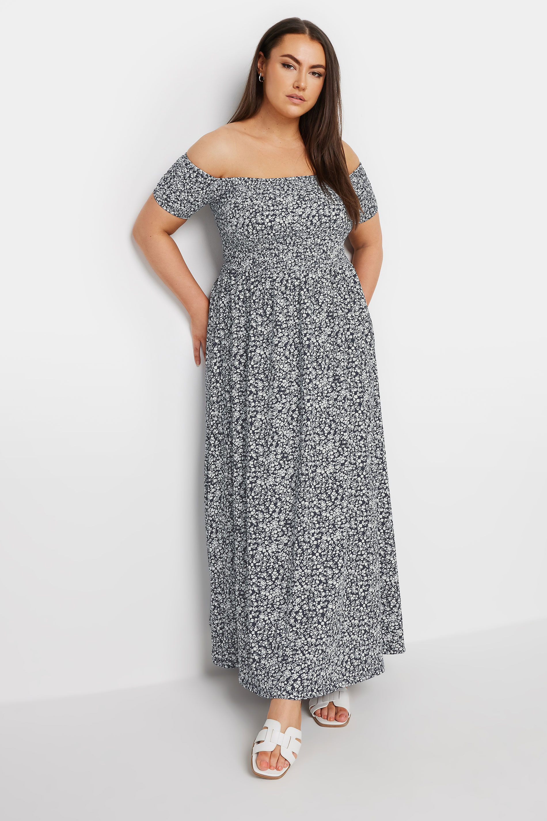 YOURS Plus Size Navy Blue Floral Print Bardot Midaxi Dress | Yours Clothing 1
