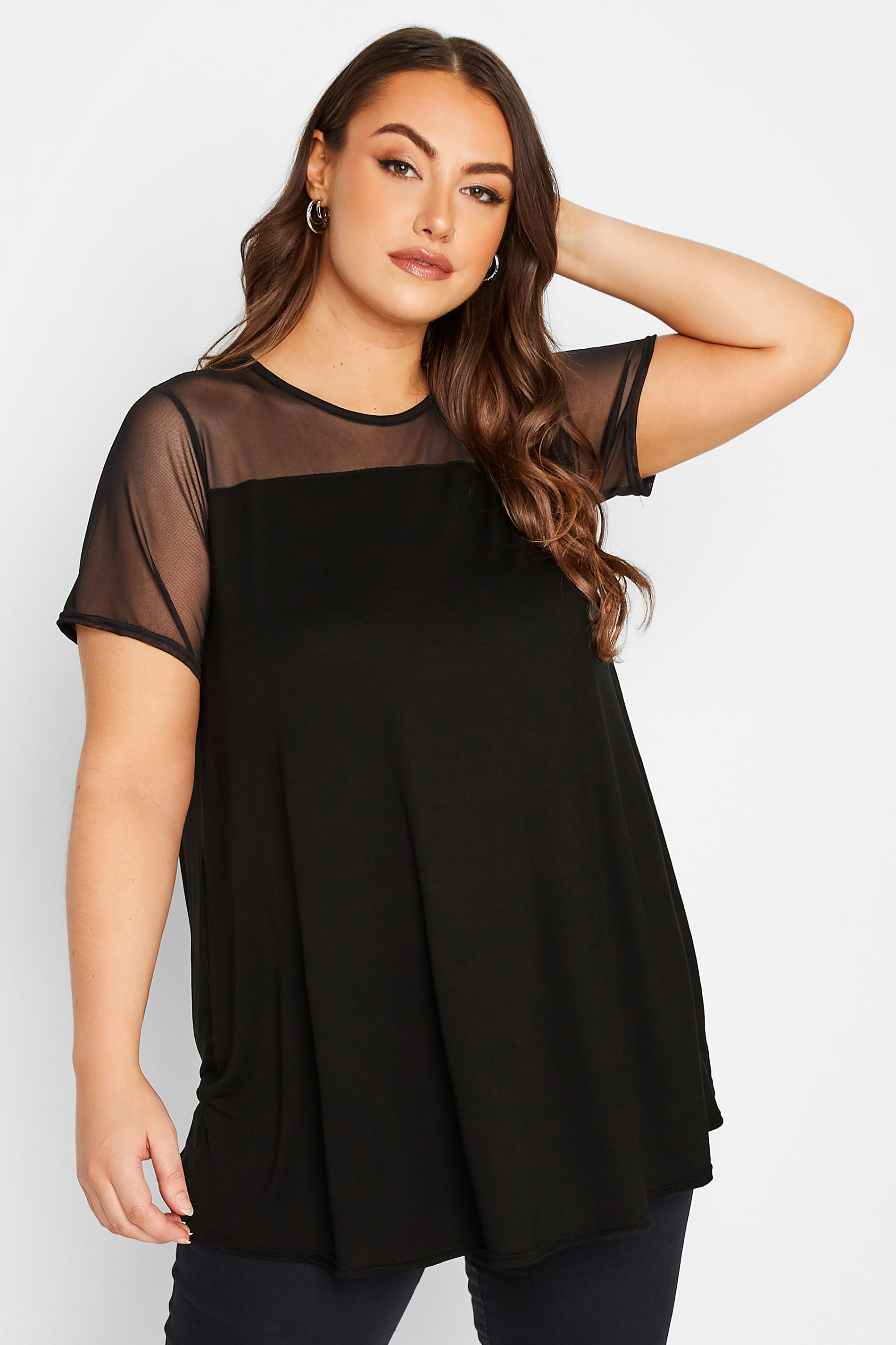 Curve Black Short Sleeve Mesh Top | Yours Clothing 1
