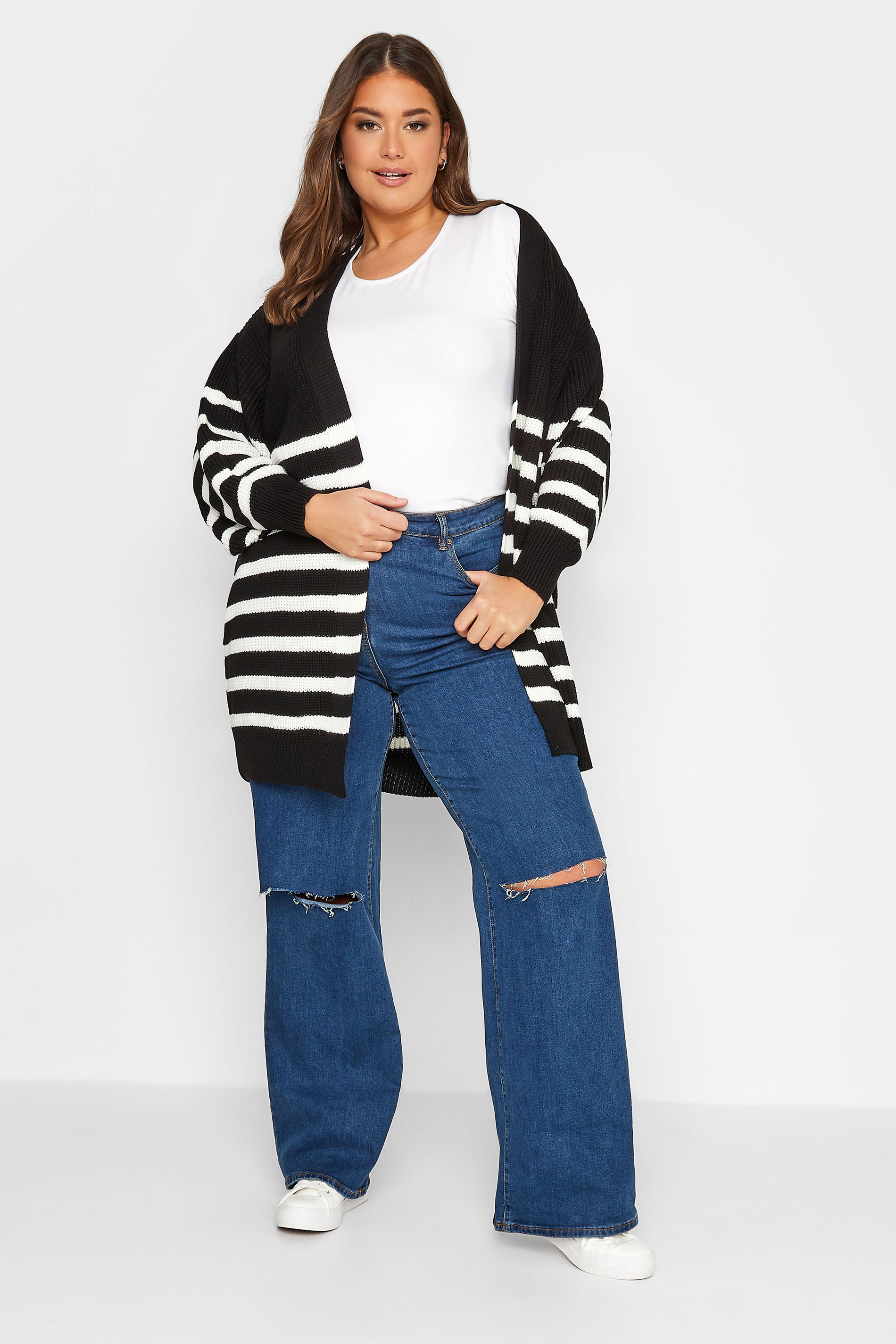 Curve Womens Plus Size Black Stripe Balloon Sleeve Knitted Cardigan | Yours Clothing 3