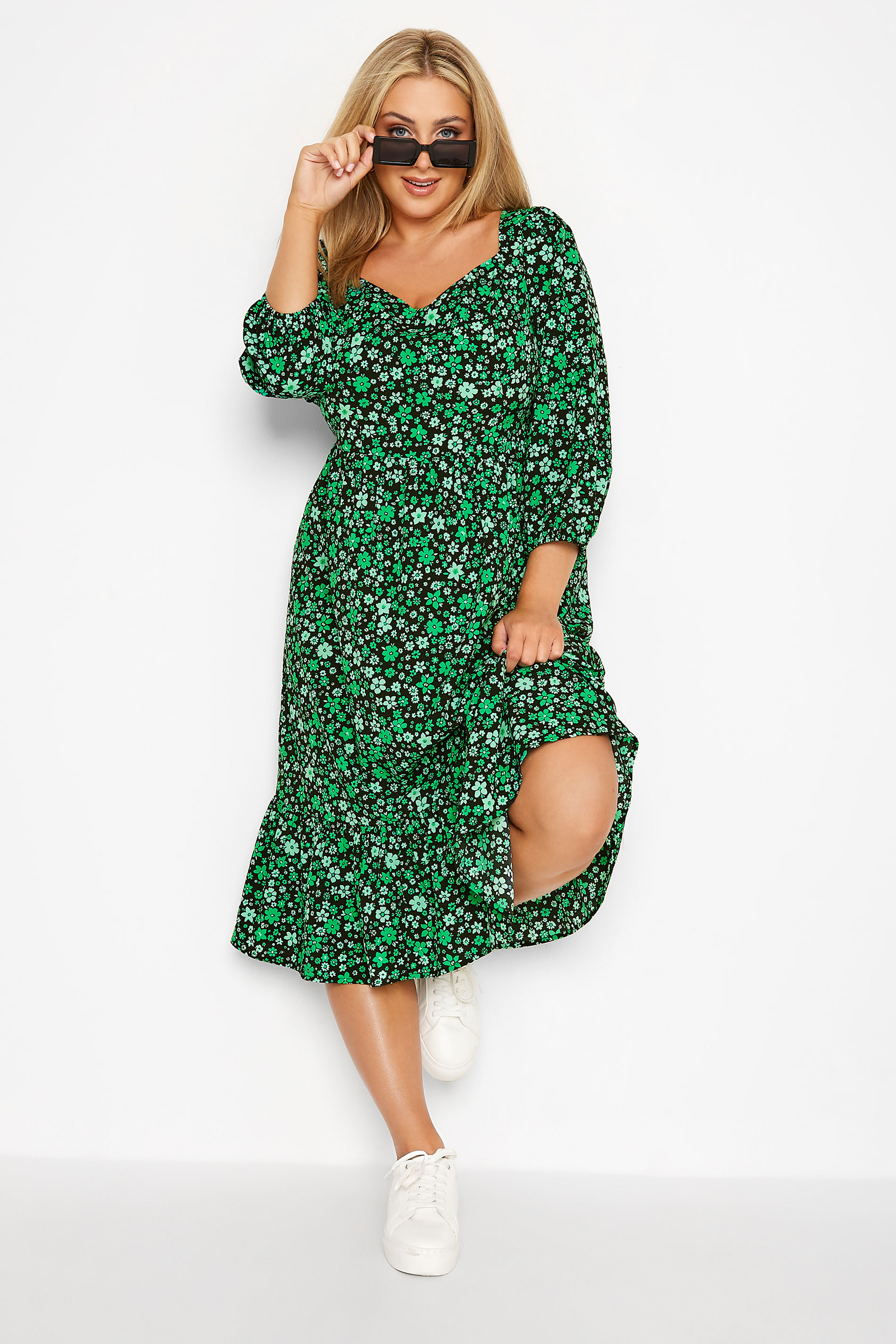Plus Size Black & Green Floral Smock Midi Dress | Yours Clothing  1