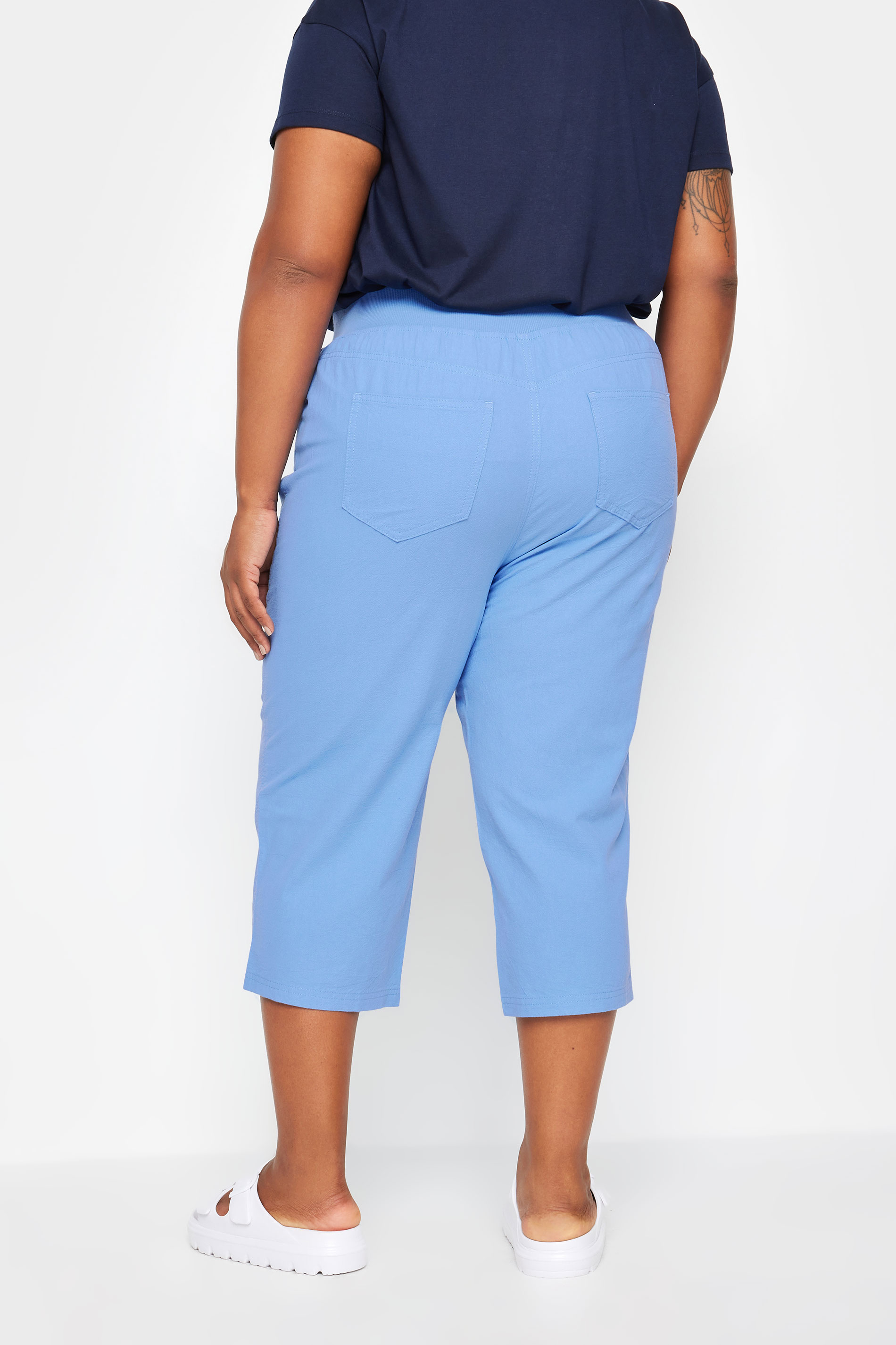 YOURS Plus Size Light Blue Elasticated Cool Cotton Cropped Trousers | Yours Clothing 3