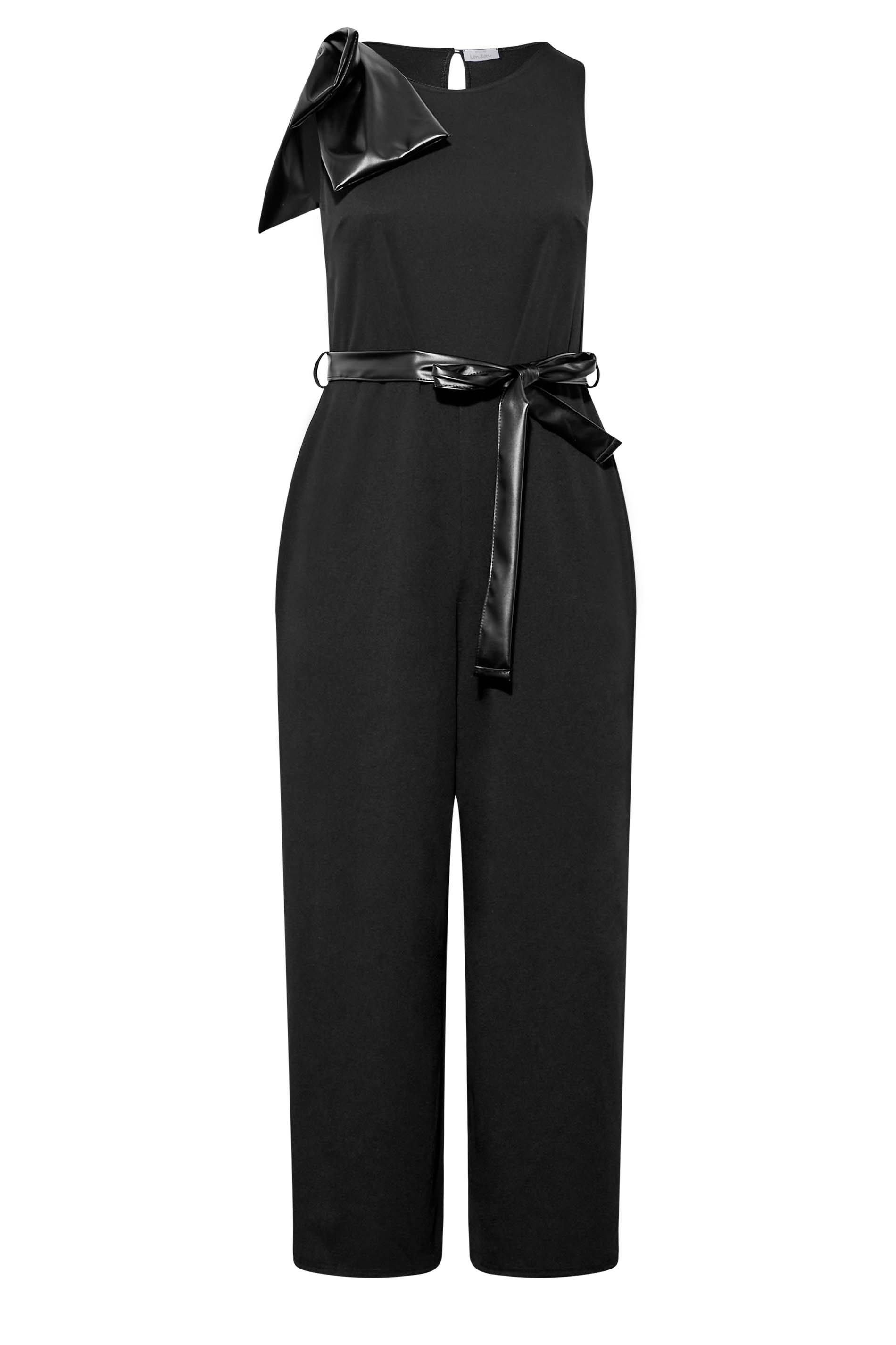 YOURS LONDON Curve Black Leather Look Bow Shoulder Jumpsuit | Yours ...