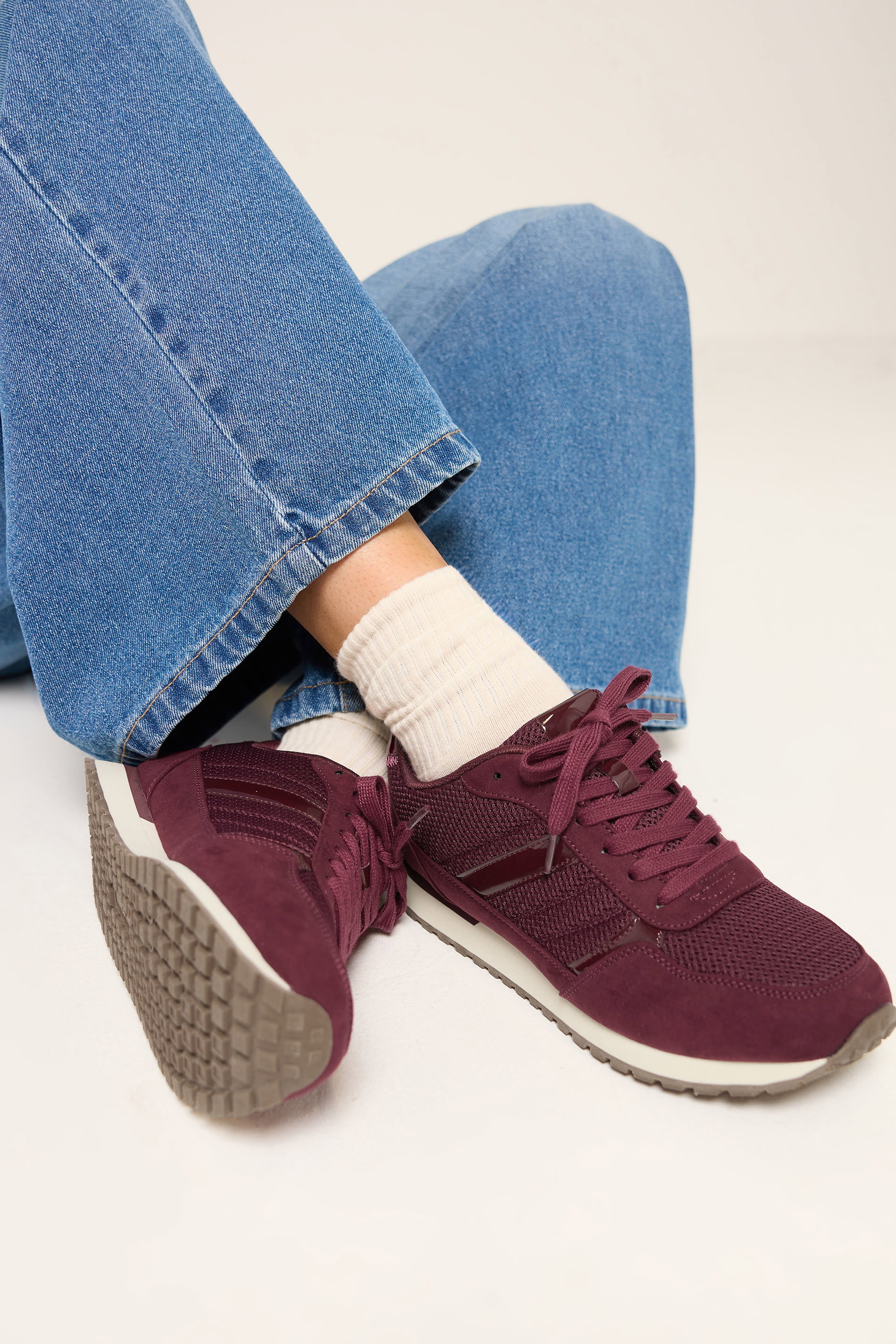 Burgundy Red Side Stripe Lace Up Trainer In Wide EEE Fit | Yours Clothing 1