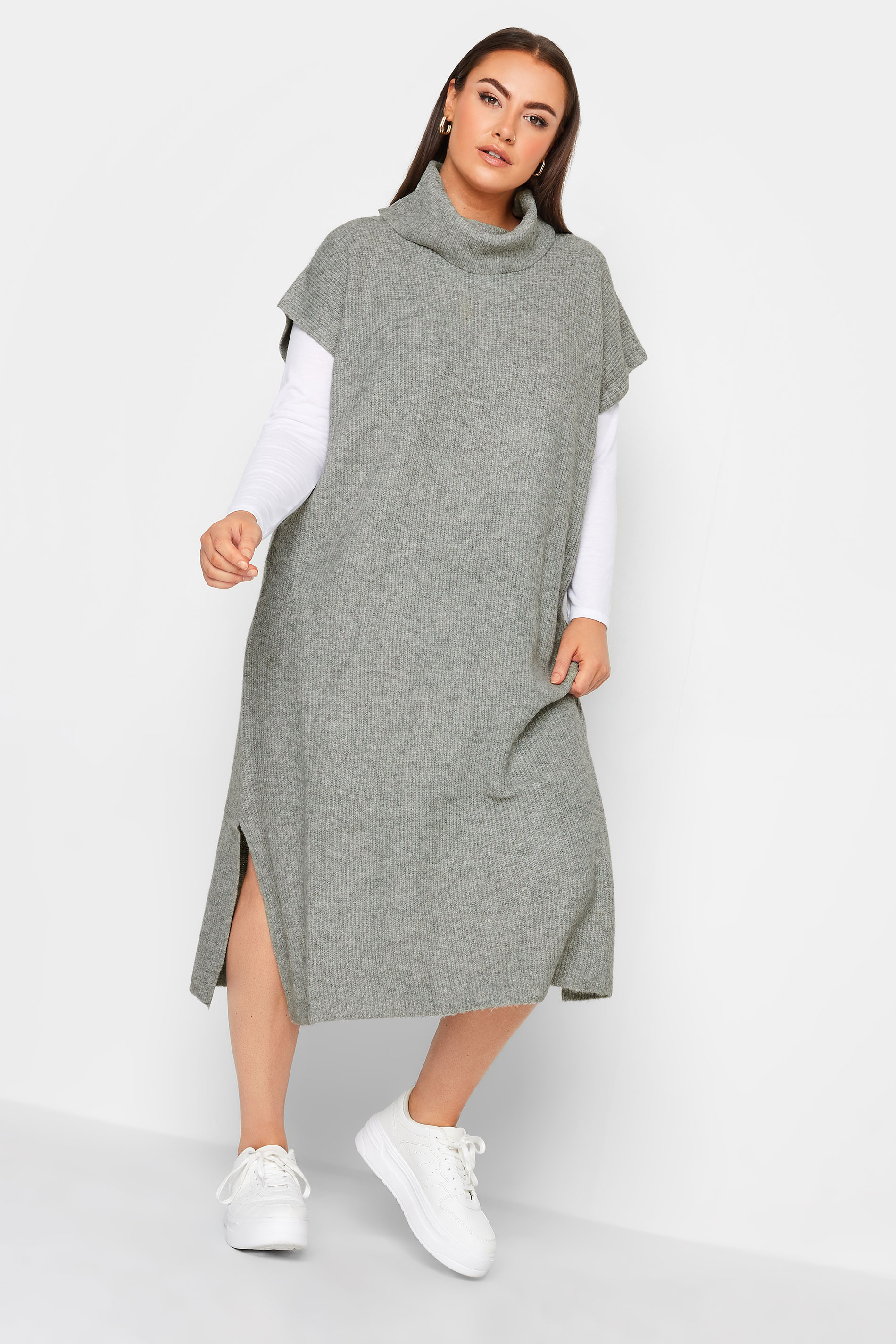YOURS Curve Grey Roll Neck Knitted Dress | Yours Clothing 2