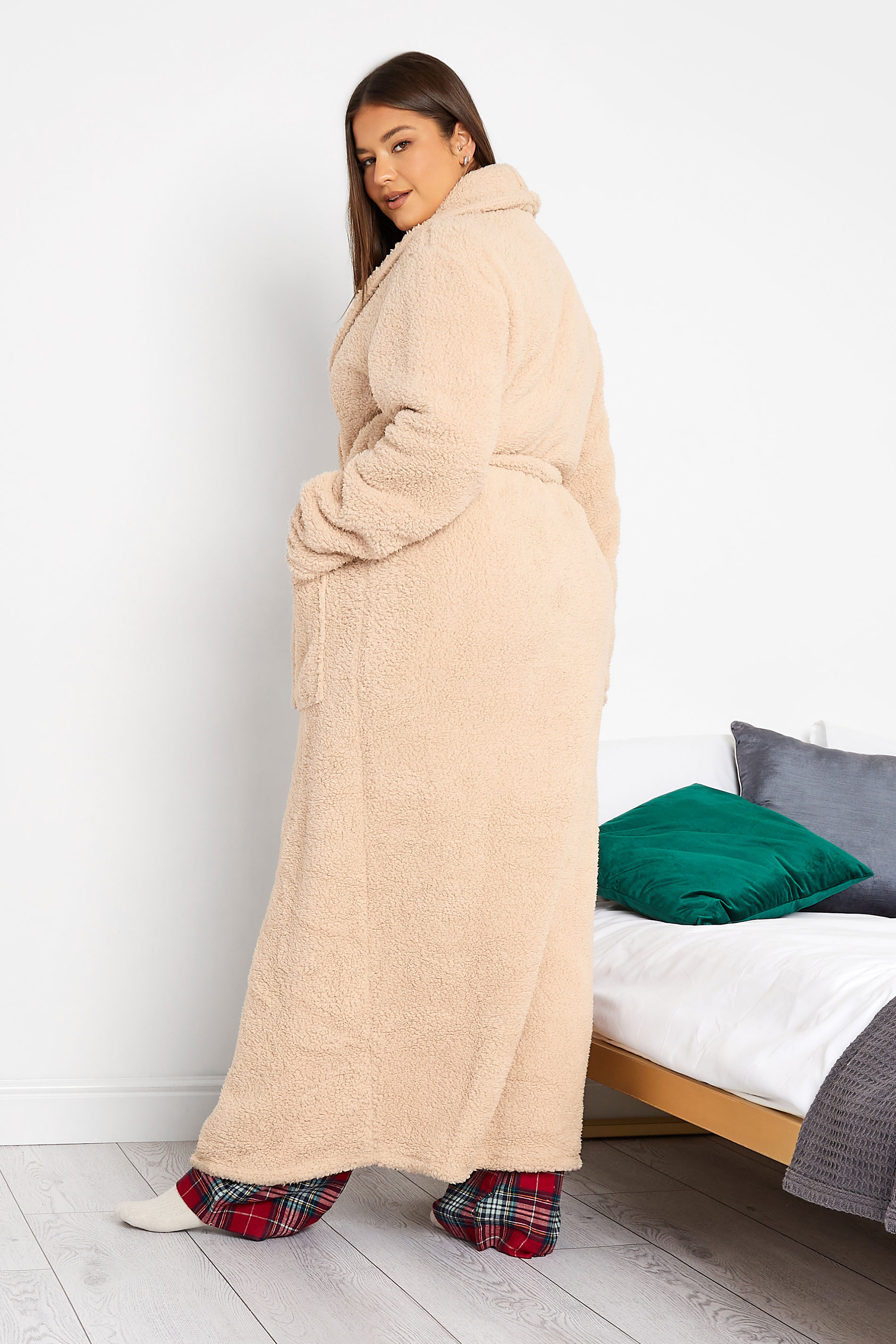 LTS Tall Women's Beige Brown Borg Fleece Maxi Dressing Gown | Long Tall Sally 3