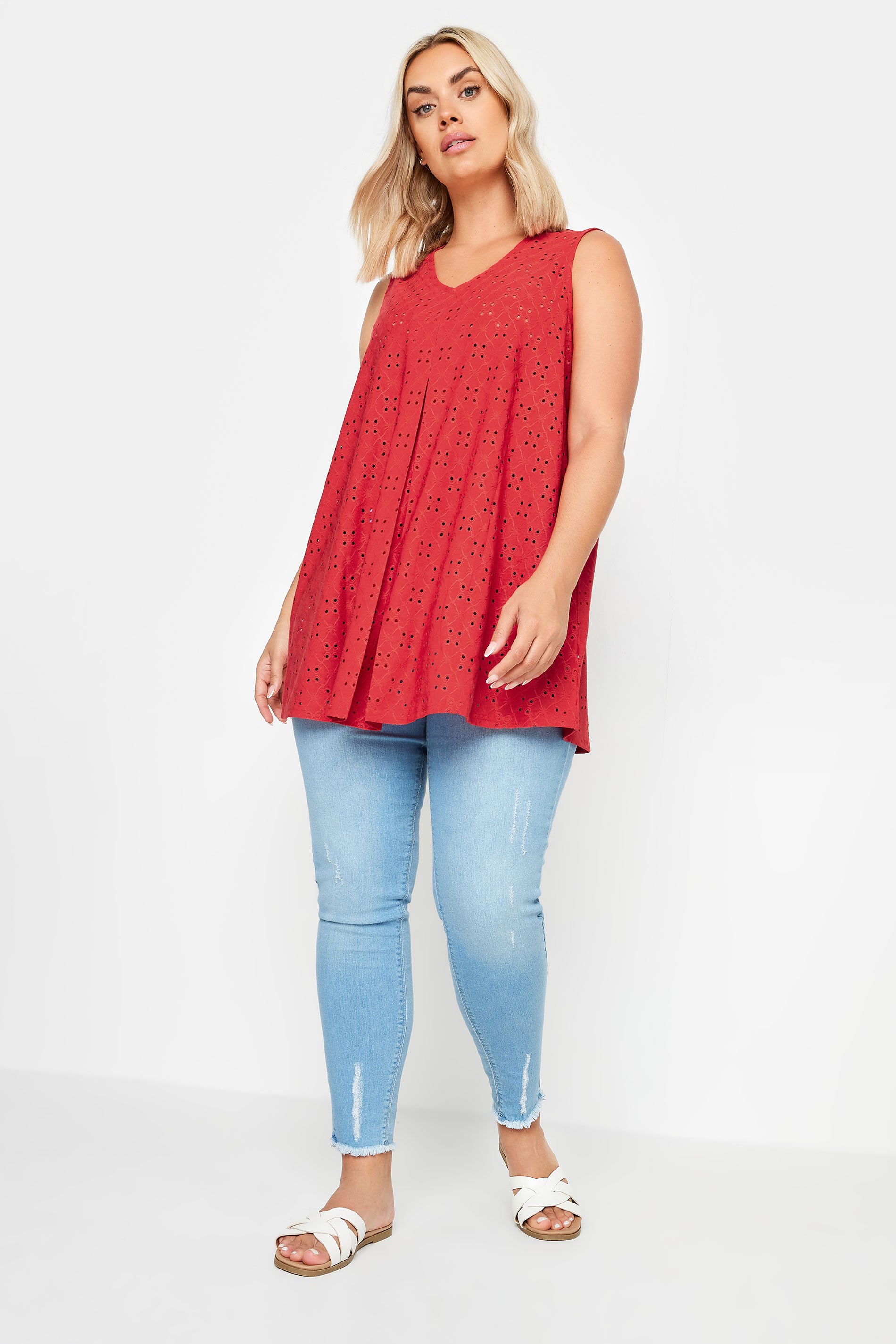 YOURS Plus Size Red Broderie Anglaise Swing Vest Top | Yours Clothing 1