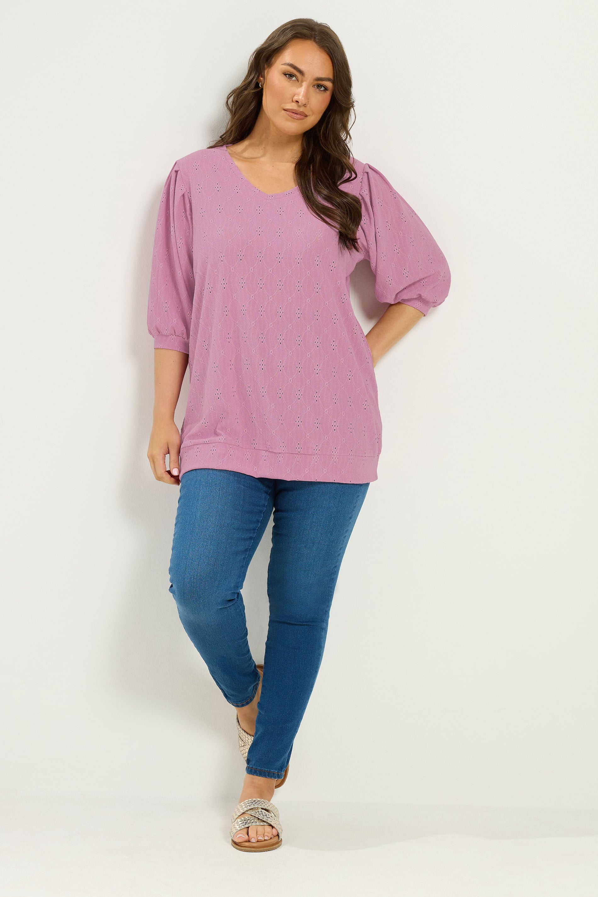 YOURS Plus Size Pink Broderie Anglaise Balloon Sleeve Top | Yours Clothing 1