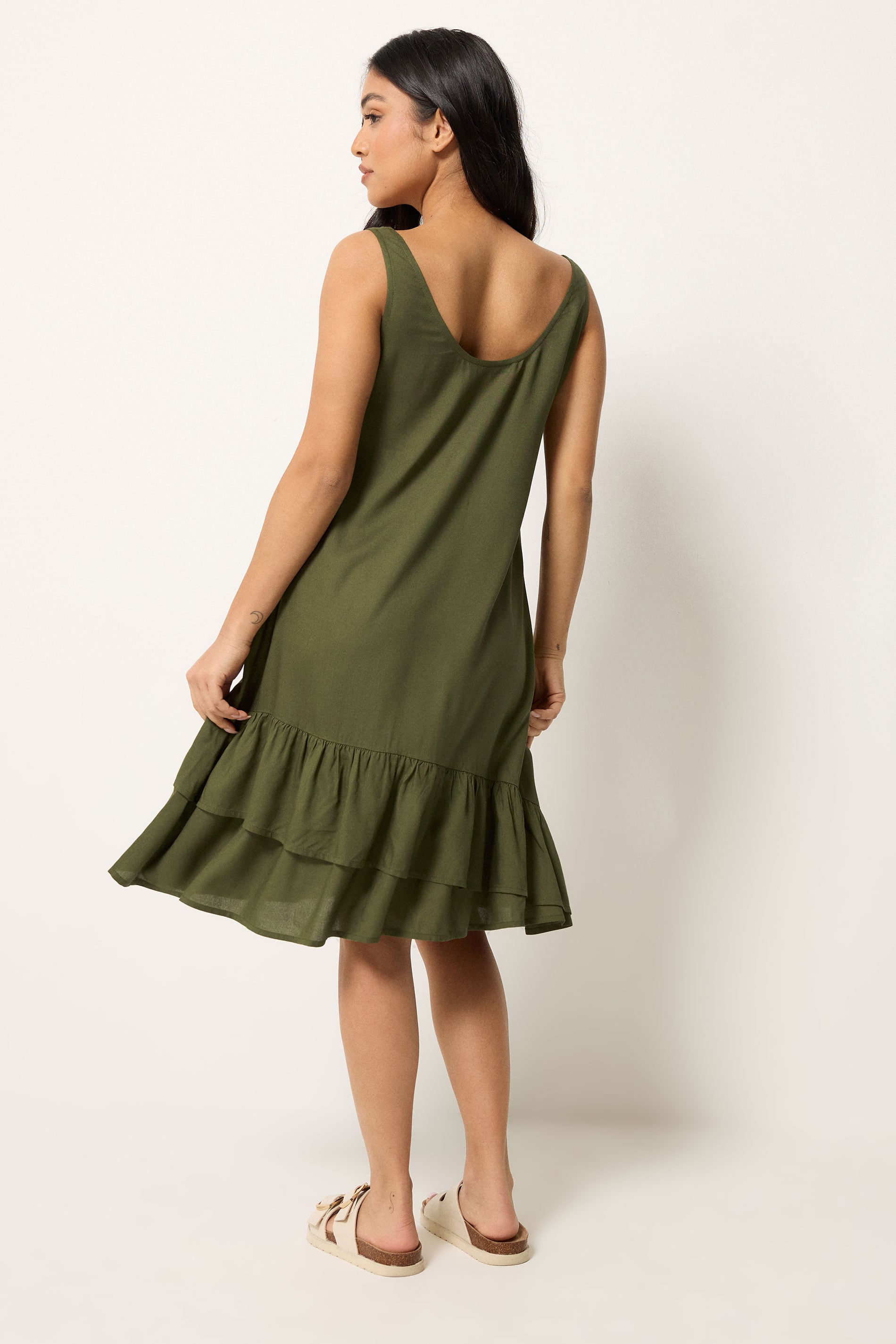 PixieGirl Petite Women's Khaki Green Asymmetric Frill Midi Dress | PixieGirl 2