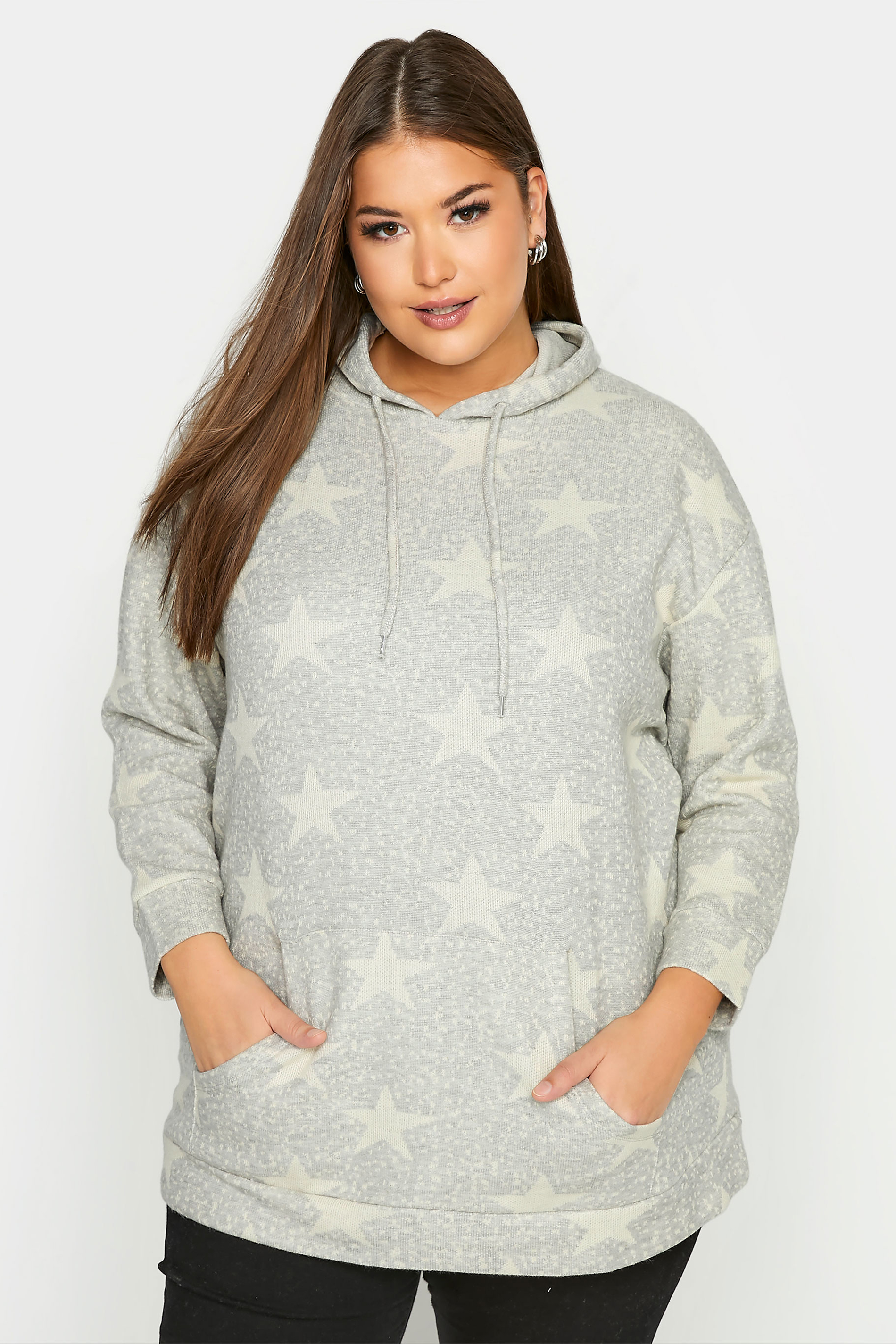 Plus Size Grey Star Print Knitted Hoodie | Yours Clothing  1