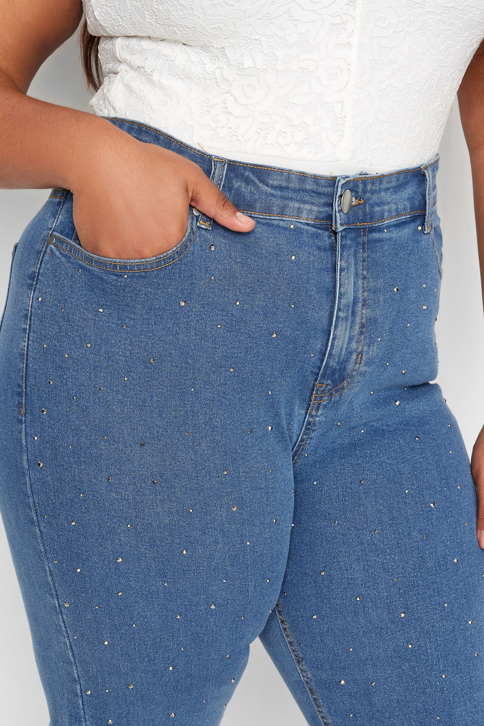 Plus Size Blue Embellished Mom Jeans | Yours Clothing 3