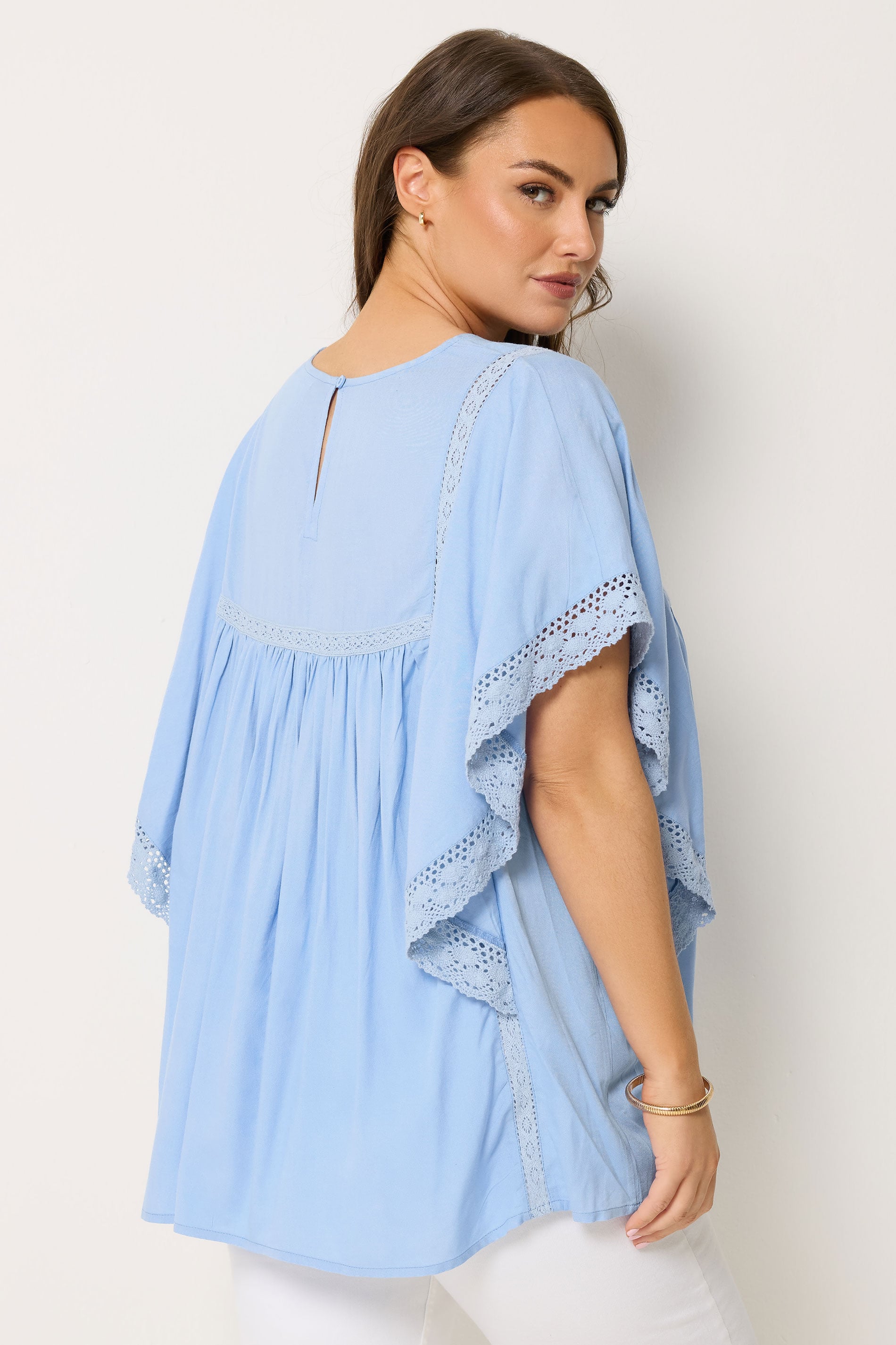 YOURS Plus Size Blue Crochet Drape Sleeve Blouse | Yours Clothing 2