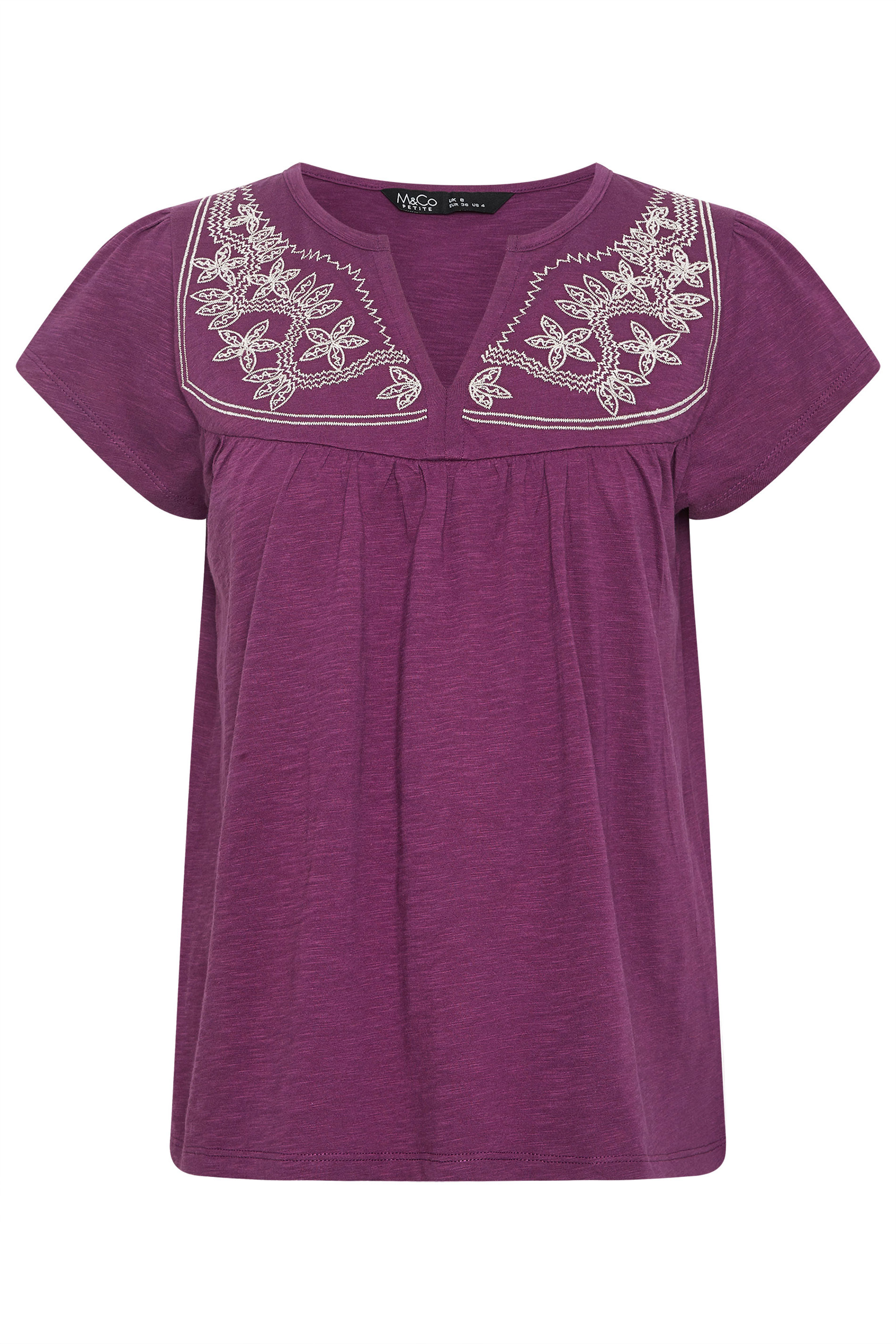 M&Co Petite Berry Purple Embroidered Cotton Notch Neck Top | M&Co  5