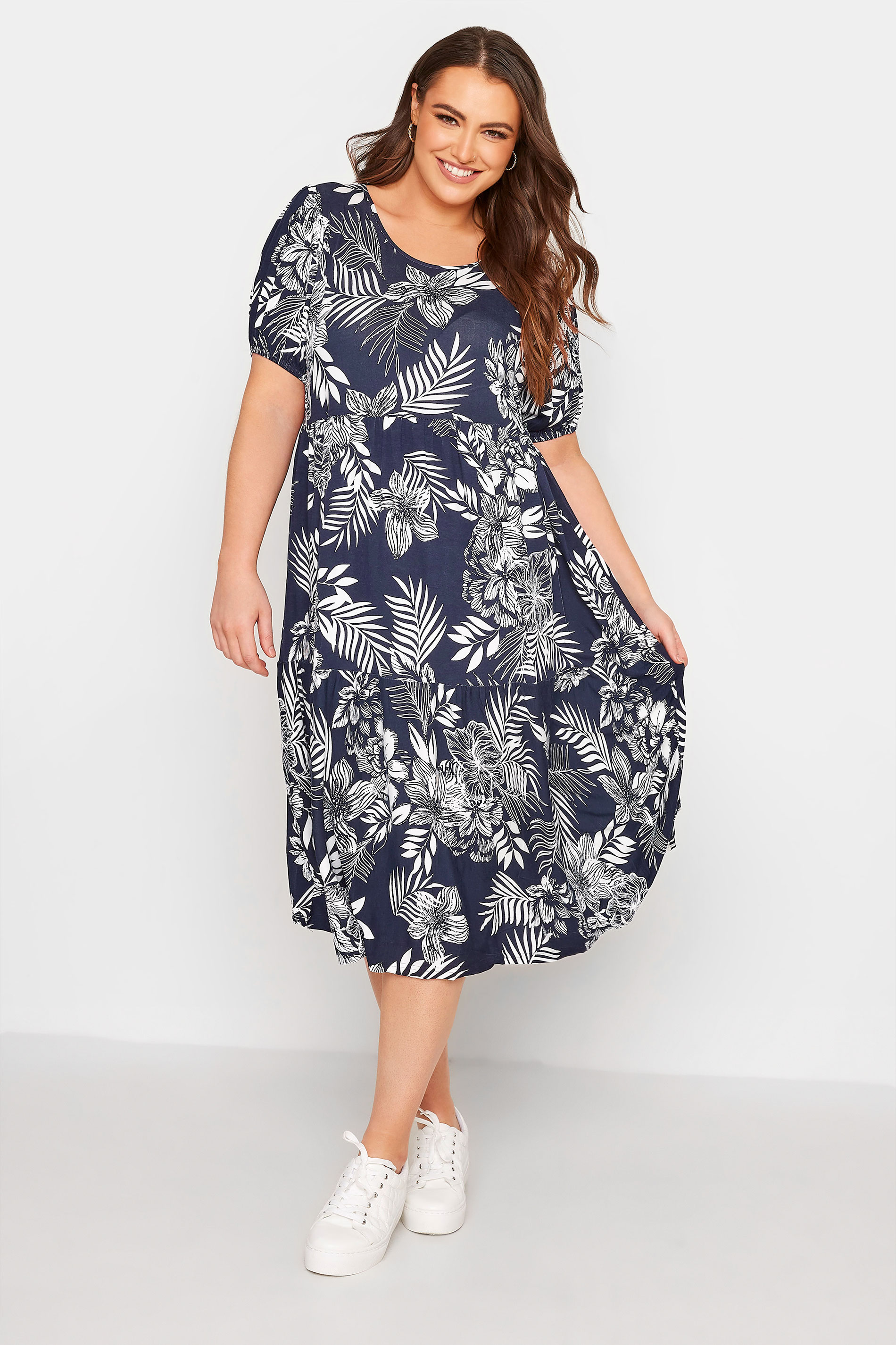 Plus Size Navy Blue Tropical Puff ...