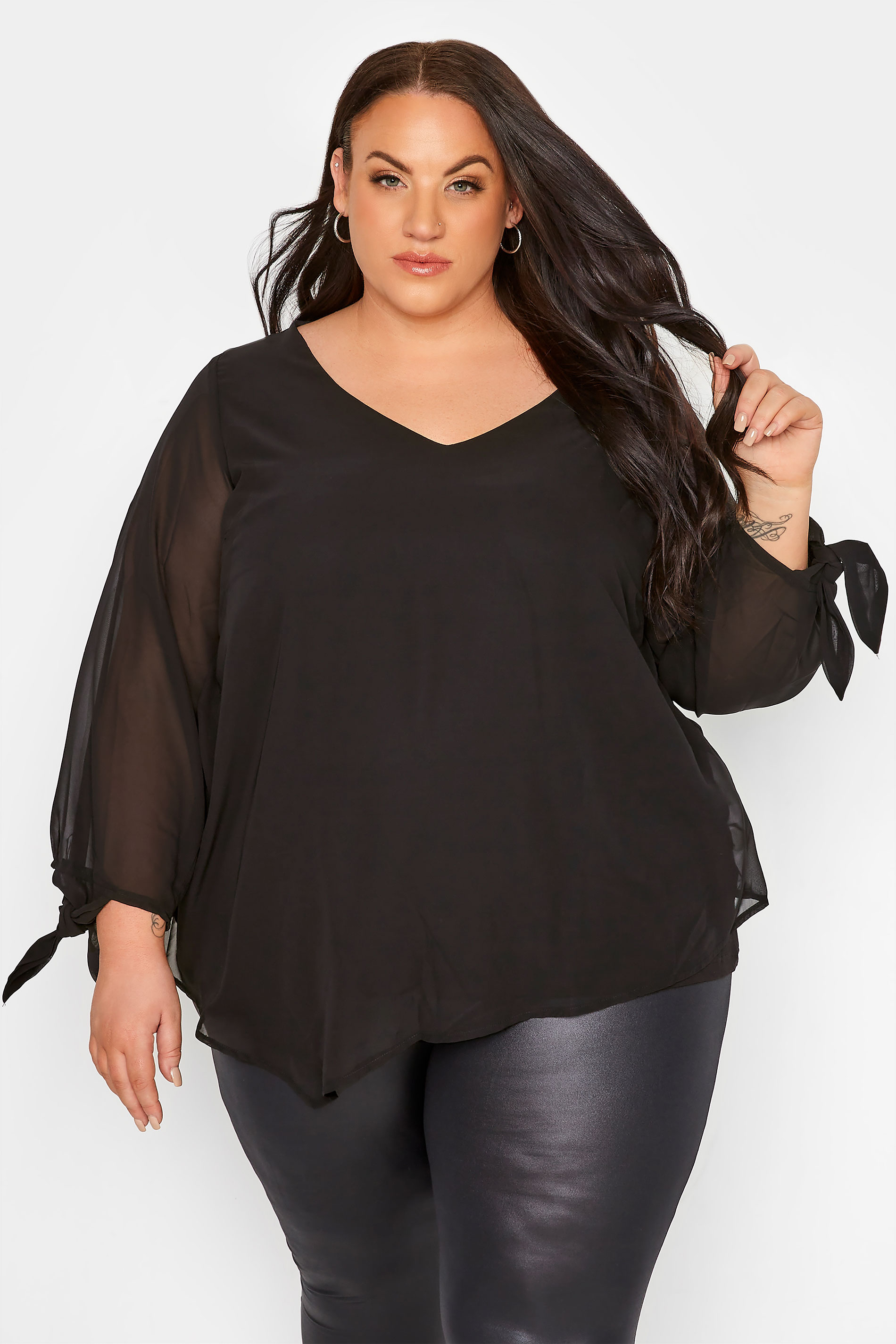 YOURS LONDON Plus Size Black Tie Sleeve Chiffon Blouse | Yours Clothing 1