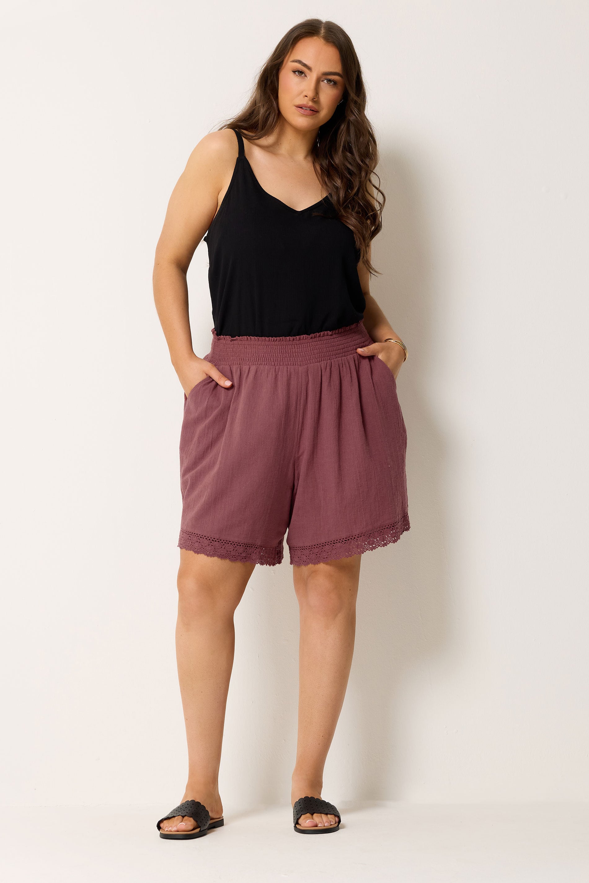 YOURS Plus Size Pink Crochet Shirred Shorts | Yours Clothing 1