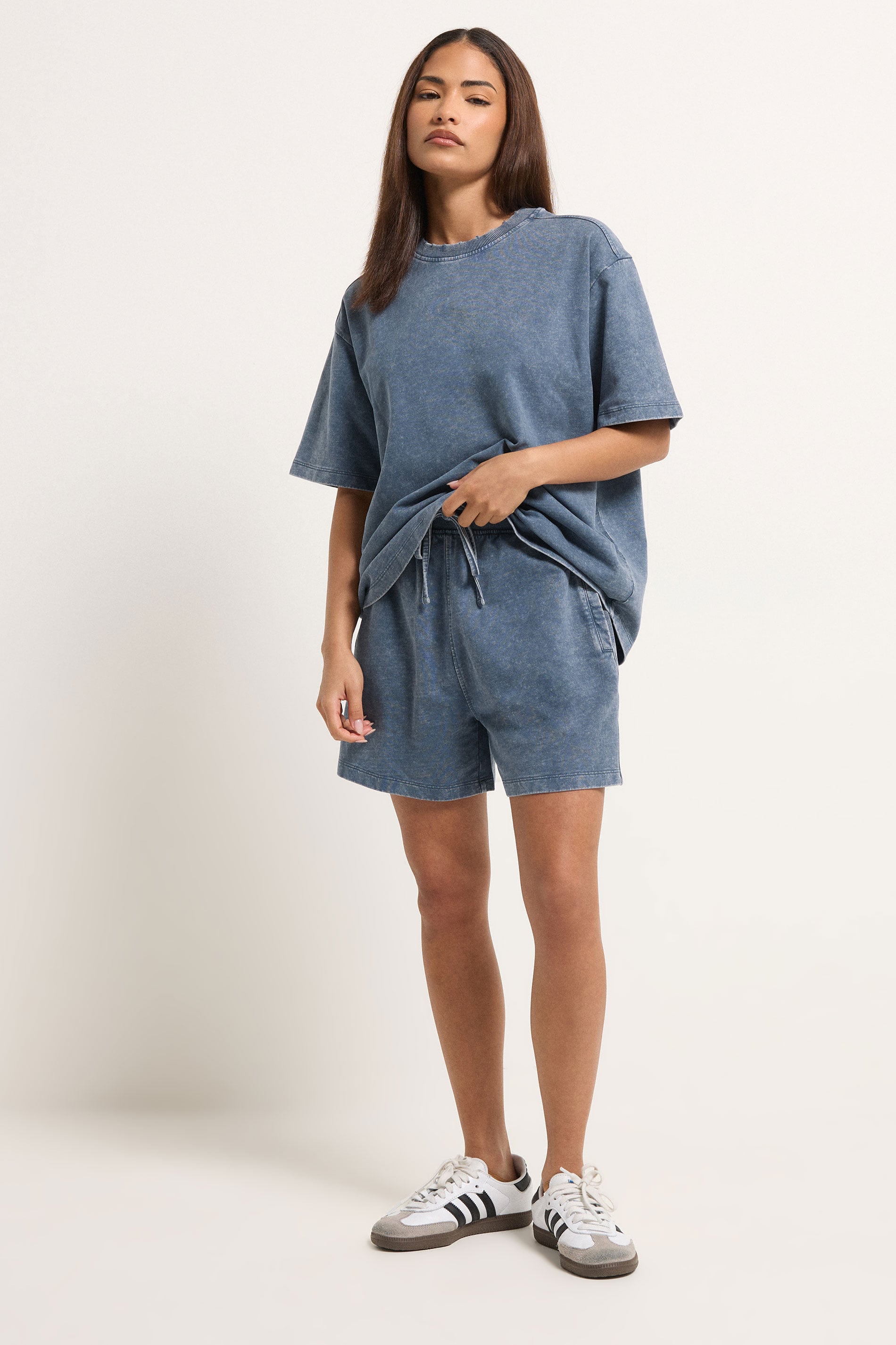 PixieGirl Petite Women's Set Blue Acid Wash Cotton T-Shirt & Shorts | PixieGirl 1