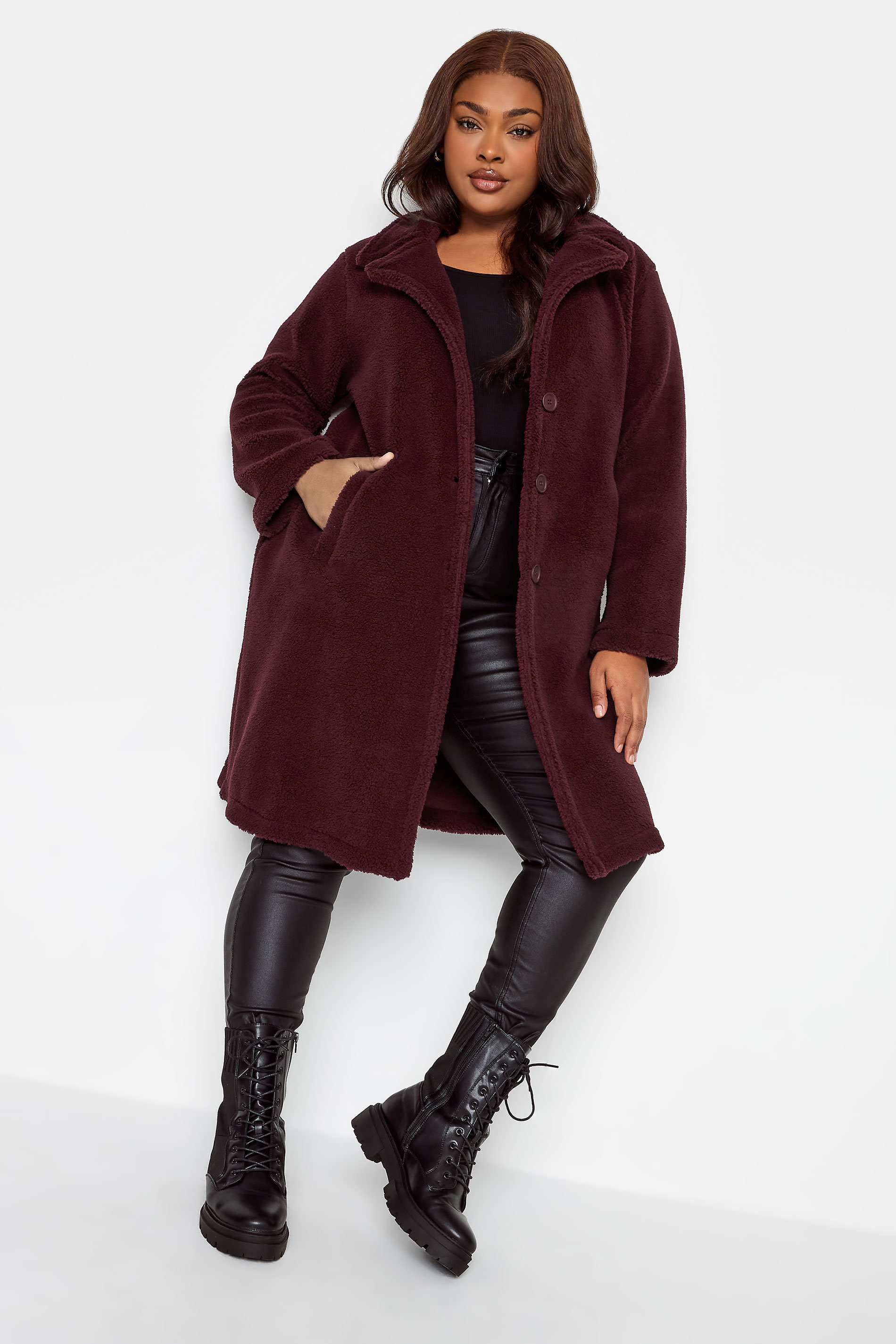 YOURS Curve Plus Size Dark Red Faux Fur Coat | Yours Clothing  2