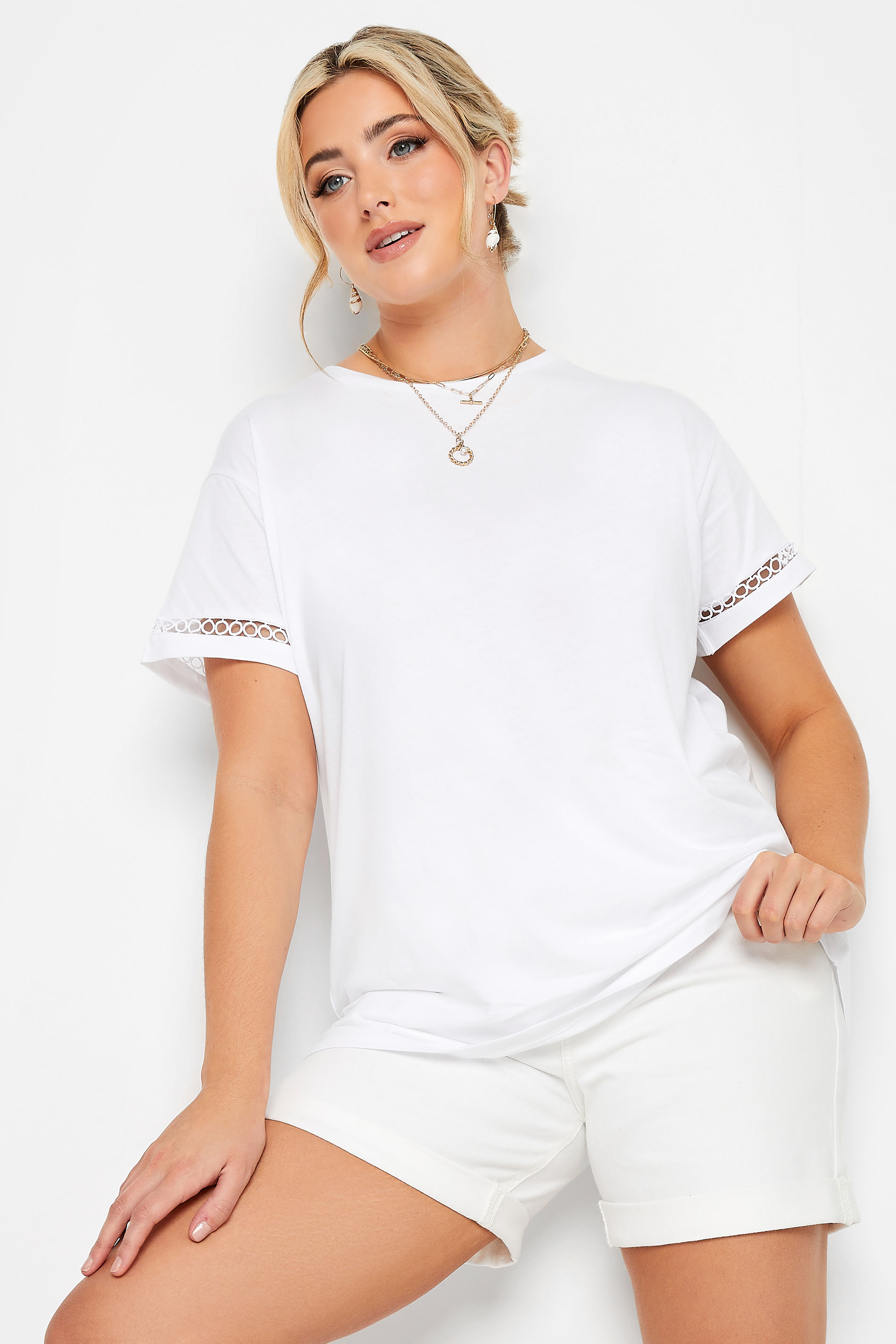 LIMITED COLLECTION Plus Size Curve White Crochet Trim T-Shirt | Yours Clothing  1