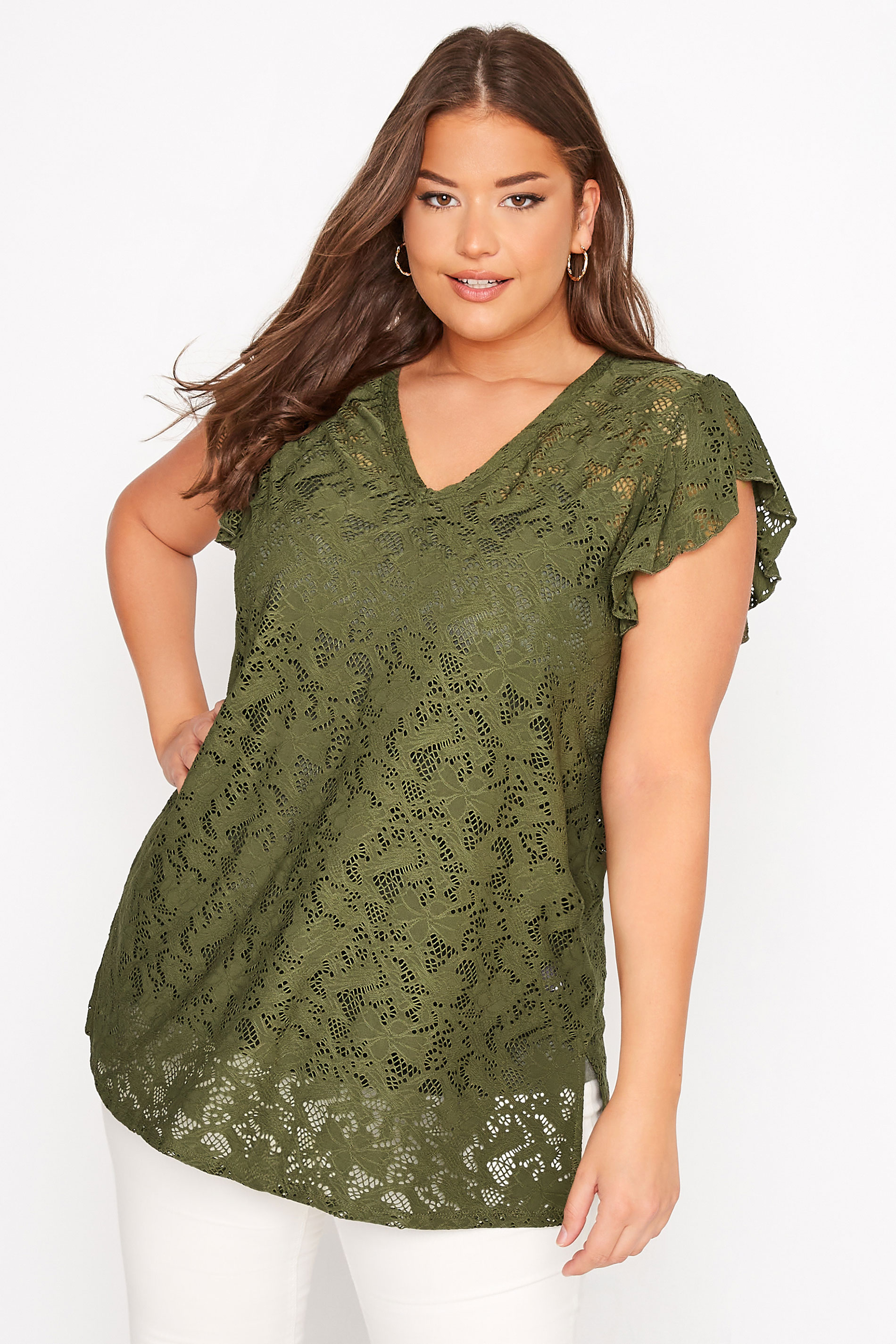 Plus Size Green Floral Lace Top | Yours Clothing 1