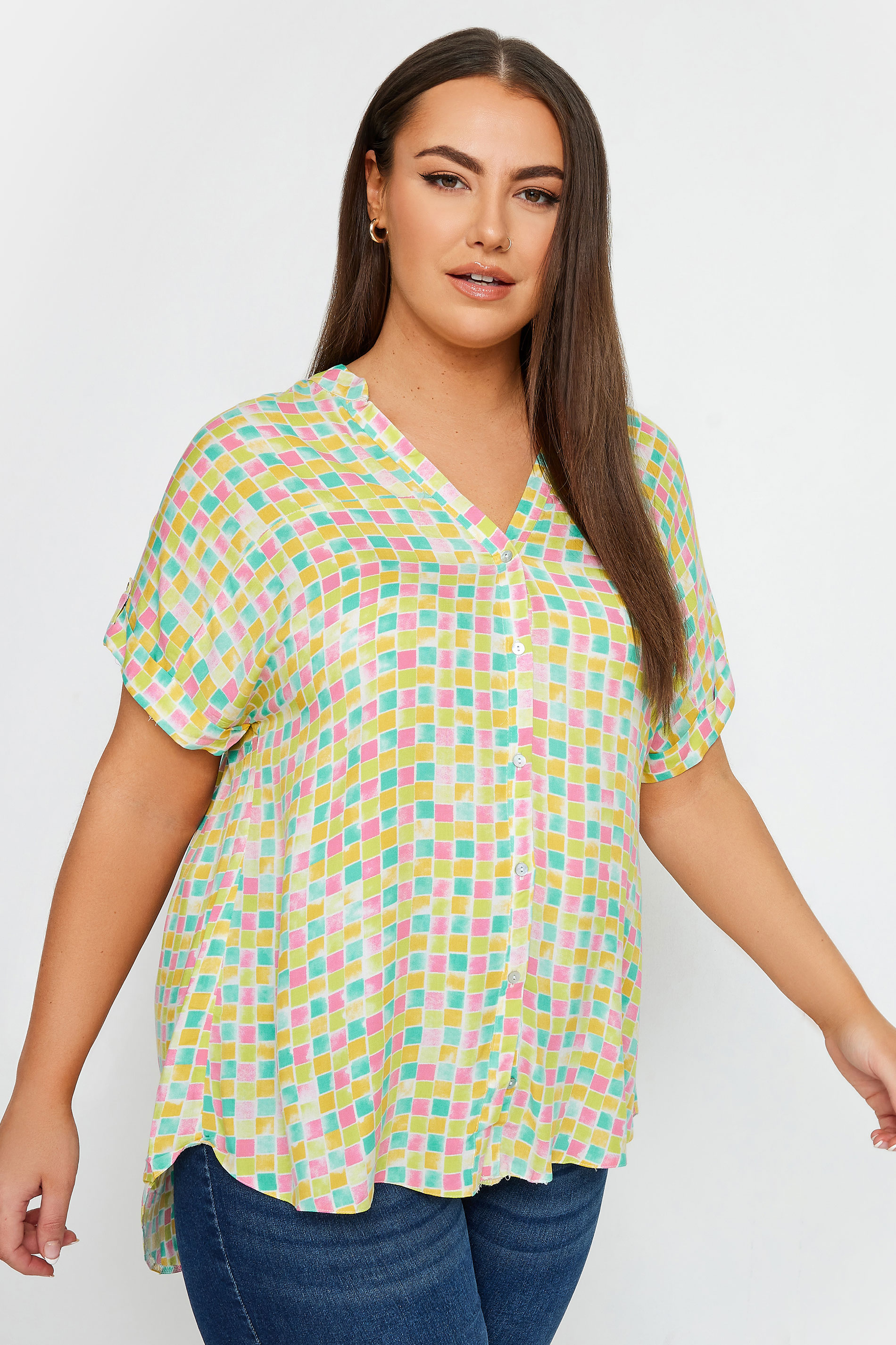 YOURS Plus Size Green Square Print Button Through Shirt | Yours Clothing 1