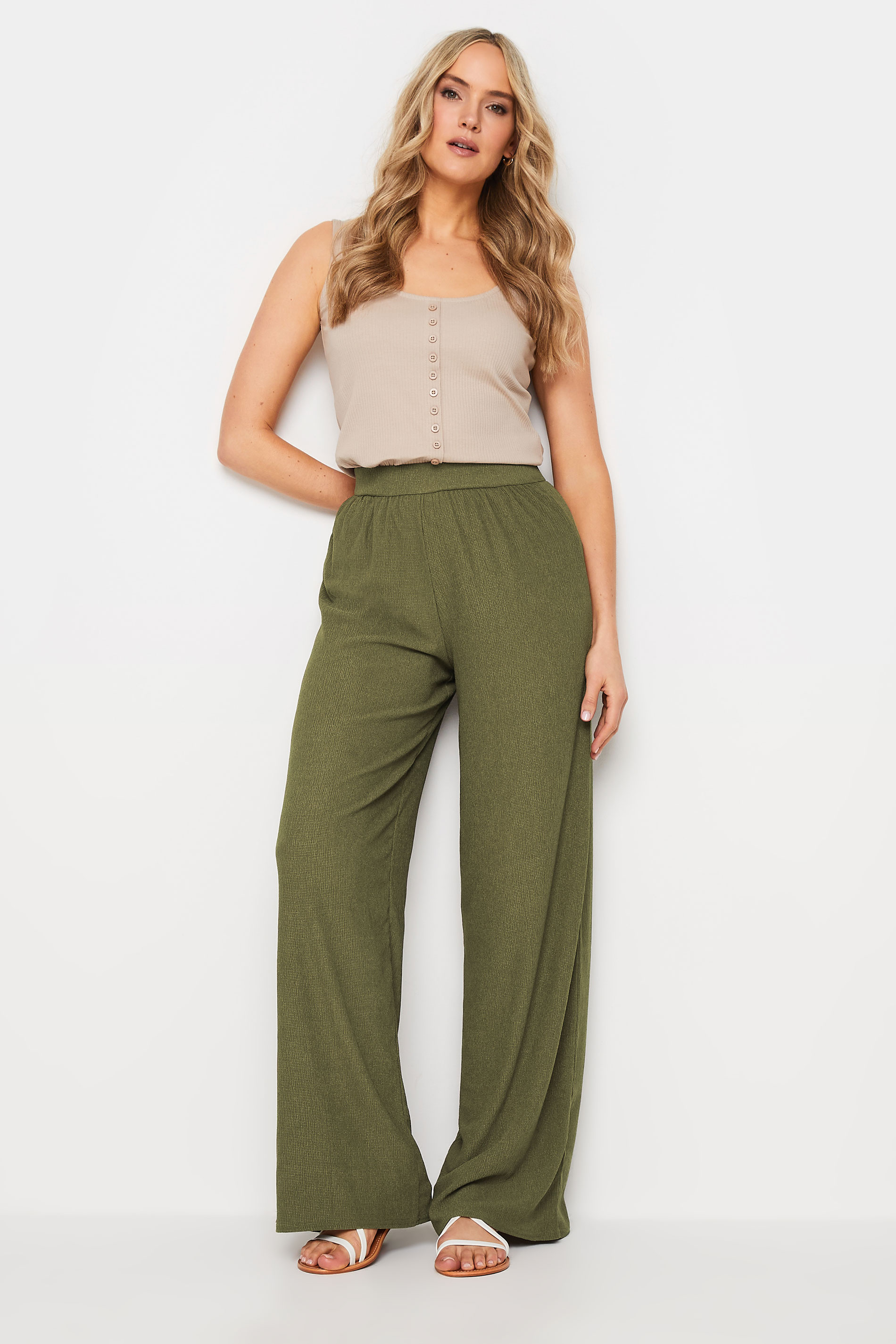 LTS Tall Women's Khaki Green Textured Wide Leg Trousers | Long Tall Sally  3