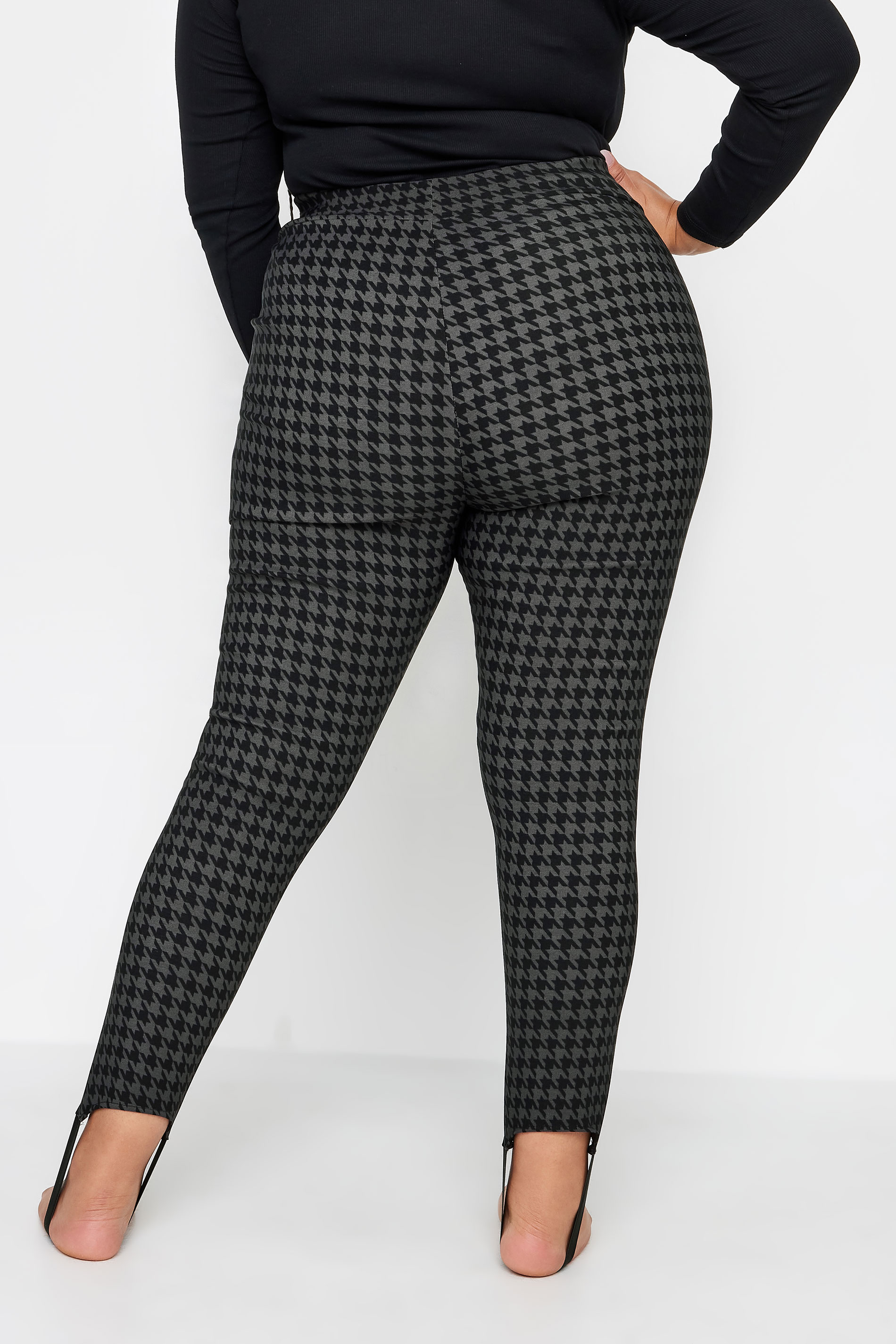 YOURS Plus Size Black Dogtooth Check Bengaline Stirrup Leggings | Yours Clothing 3
