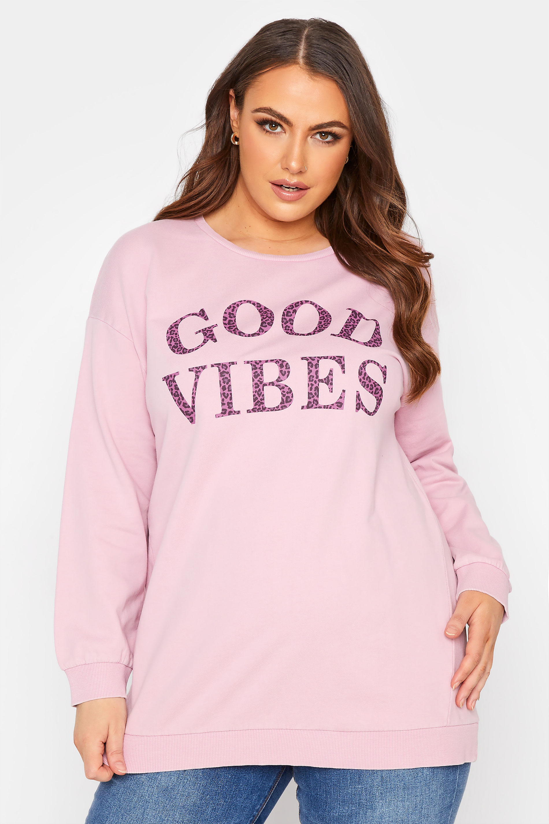 Plus Size Pink 'Good Vibes' Slogan Sweatshirt | Yours Clothing  1