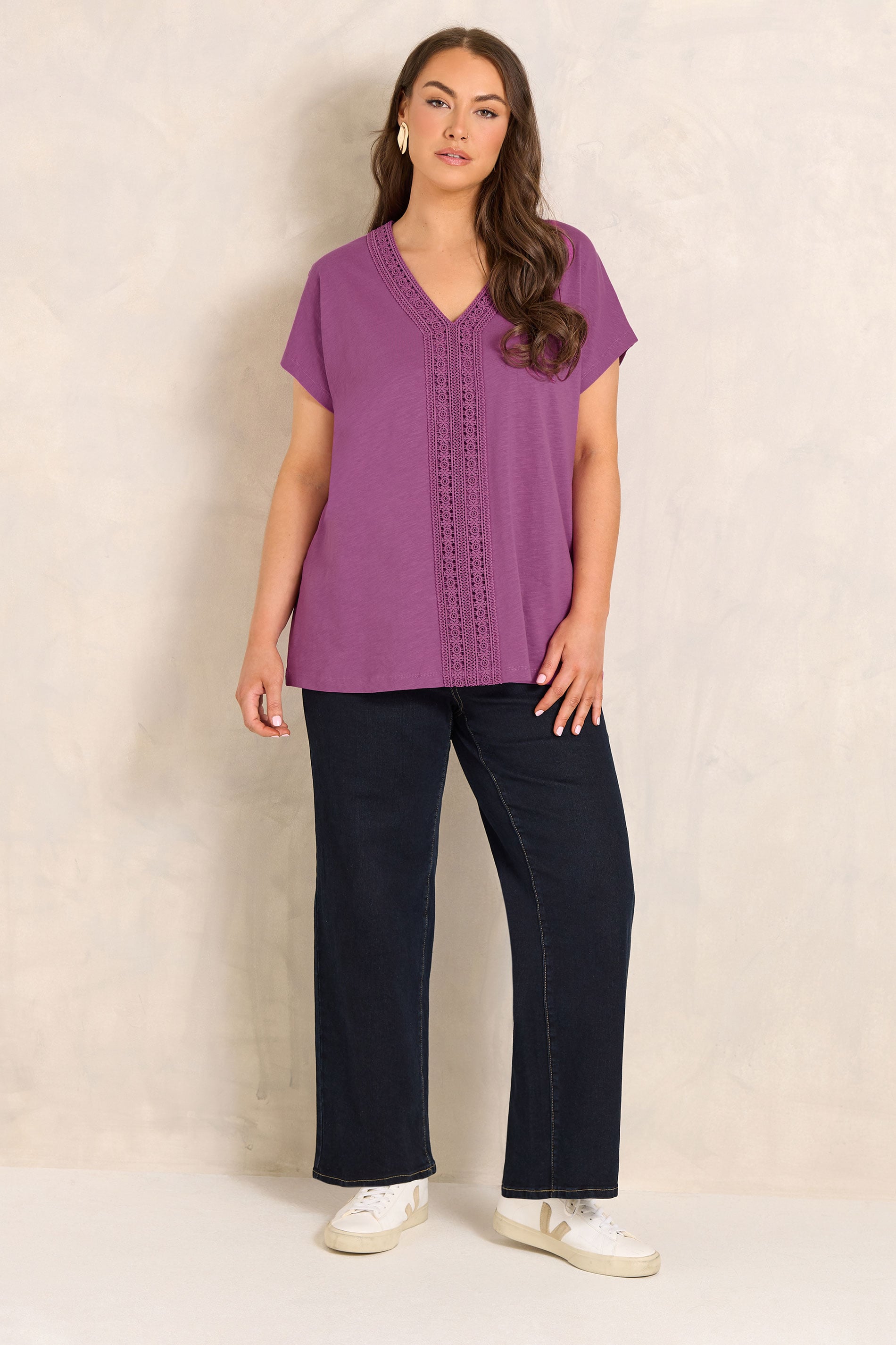 EVANS Plus Size Magenta Pink Cotton Crochet Trim Tee | Evans 1