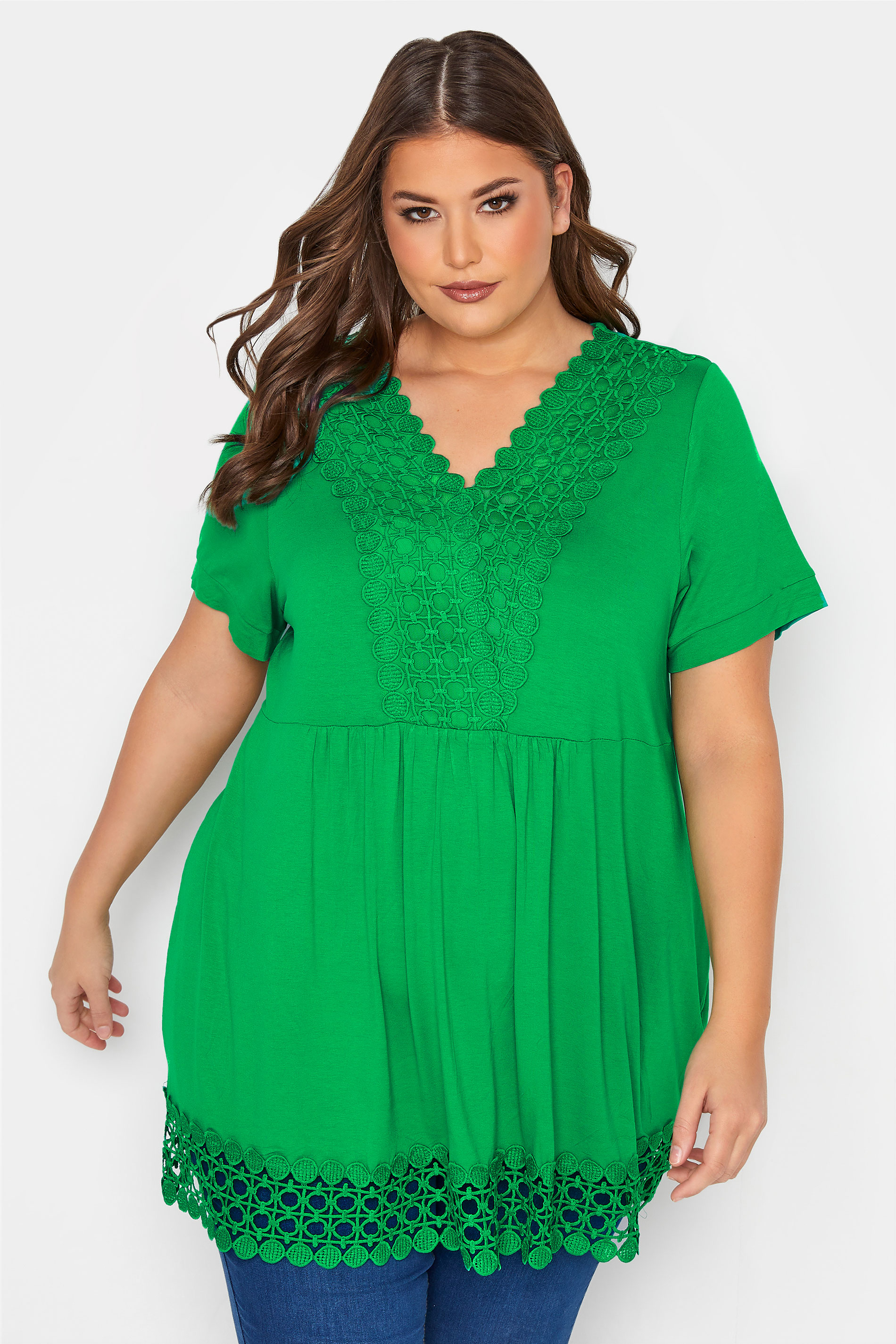 Plus Size Green Crochet Detail Peplum Tunic Top | Yours Clothing