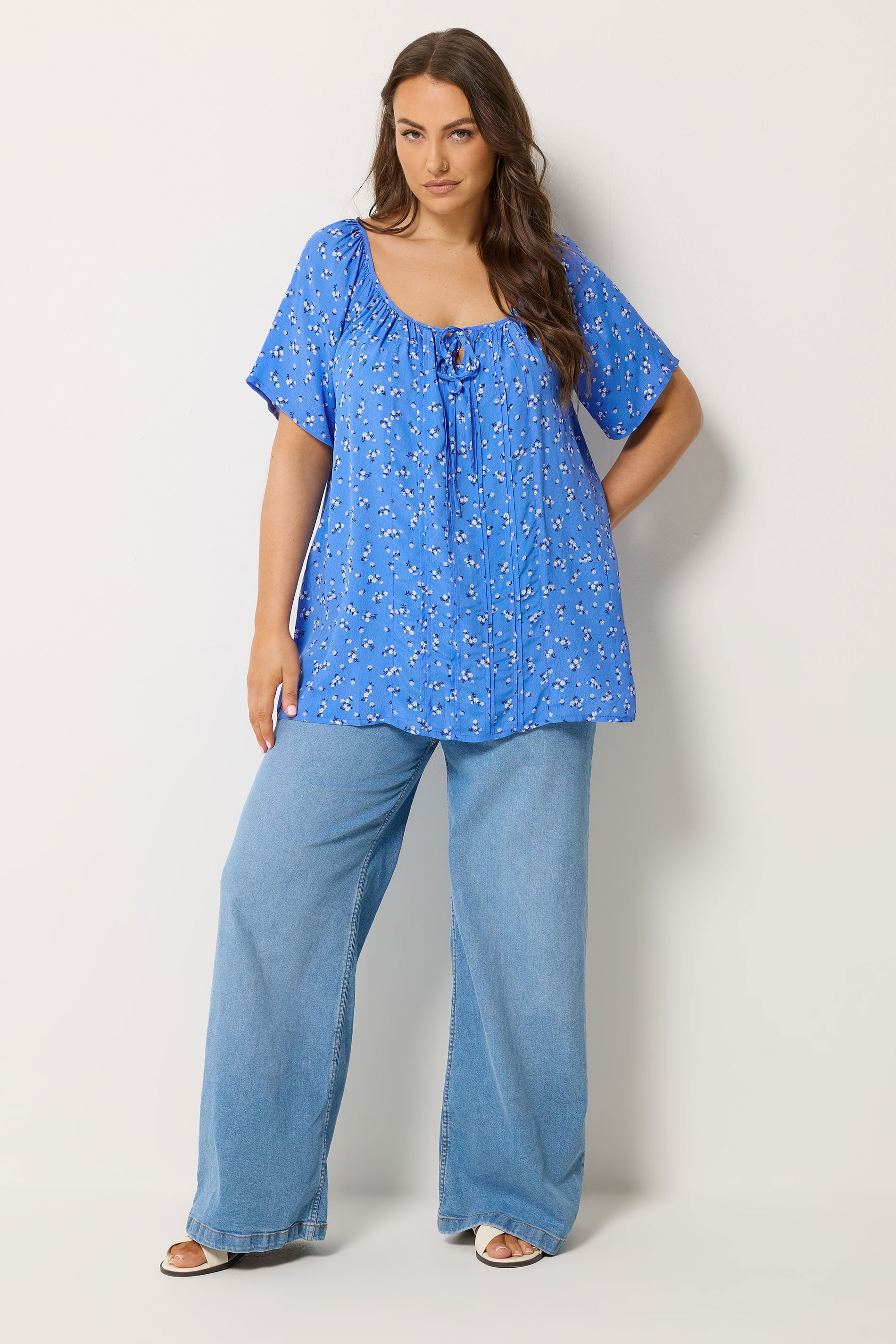 YOURS Plus Size Blue Ditsy Floral Pintuck Blouse | Yours Clothing 1