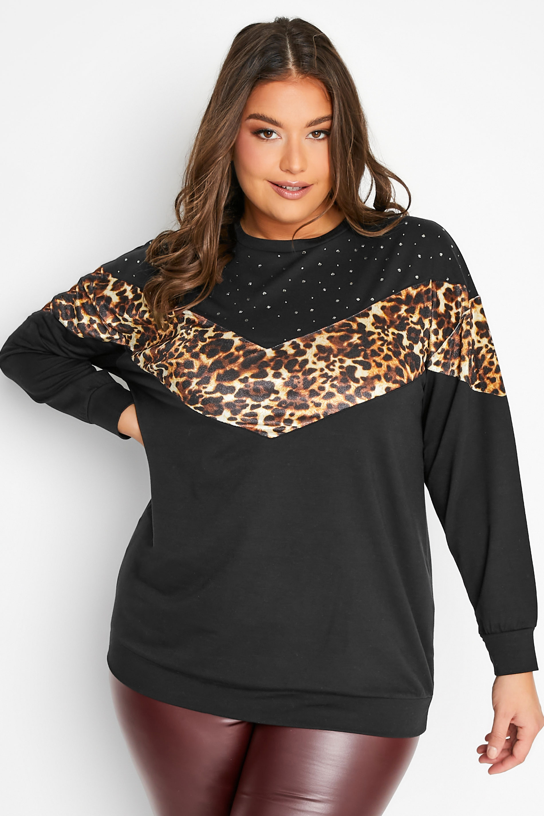Curve Plus Size Womens Black & Leopard Print Chevron Jumper | Yours Clothing 1