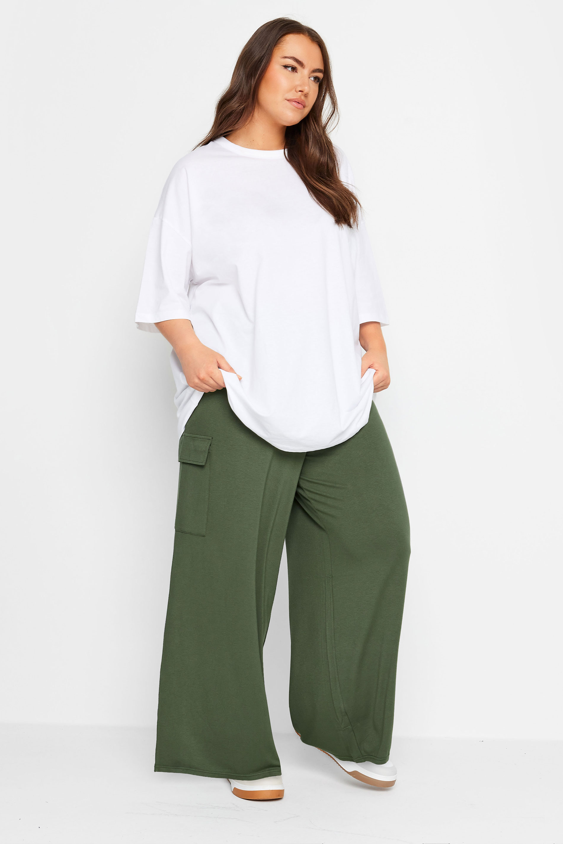 YOURS Plus Size Khaki Green Jersey Wide Leg Cargo Trousers | Yours Clothing 2