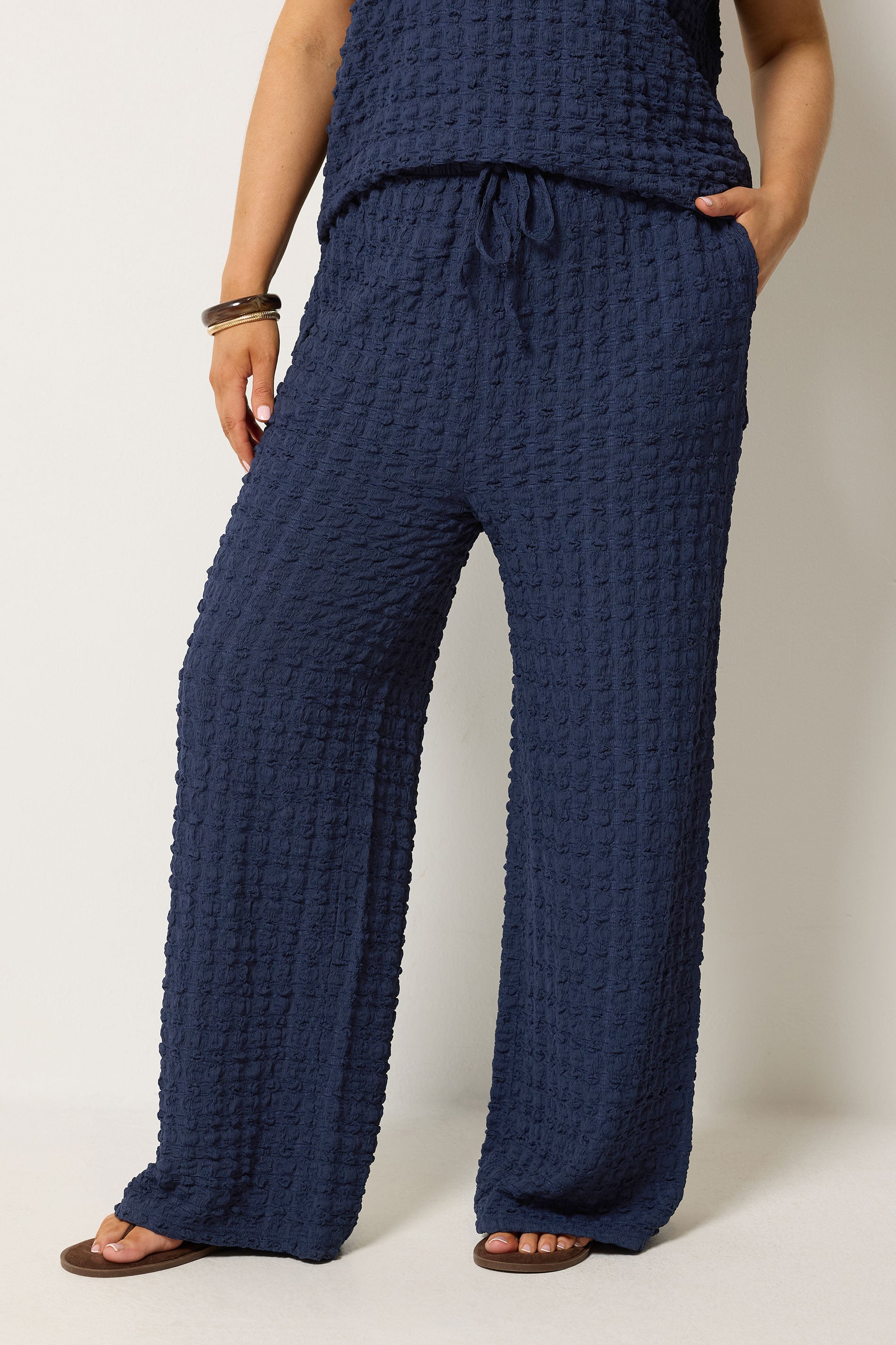 YOURS Plus Size Navy Blue Bubble Textured Wide Leg Trousers | Yours Clothing 3
