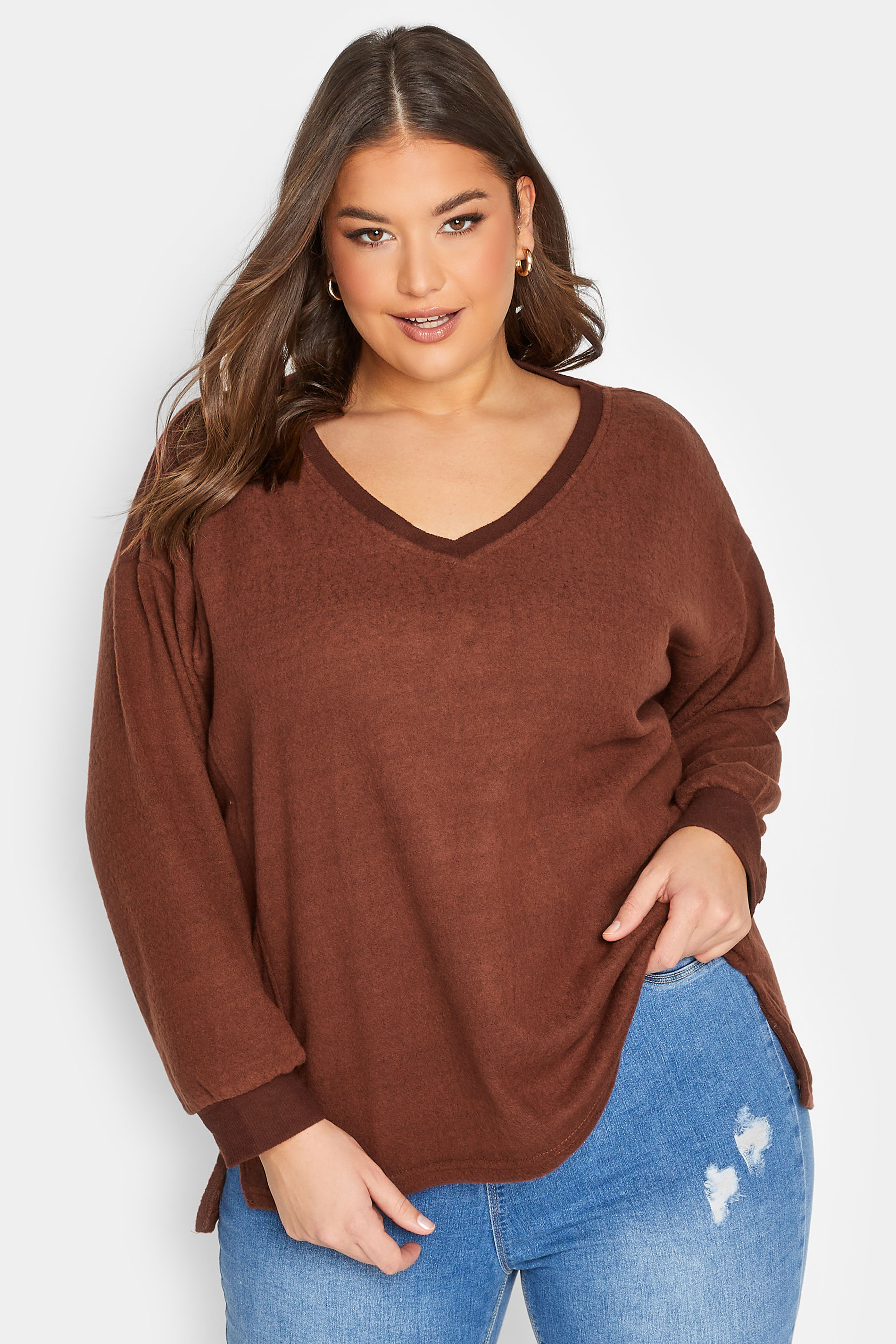 Plus Size Brown V-Neck Soft Touch Fleece Sweatshirt | Yours Clothing 1