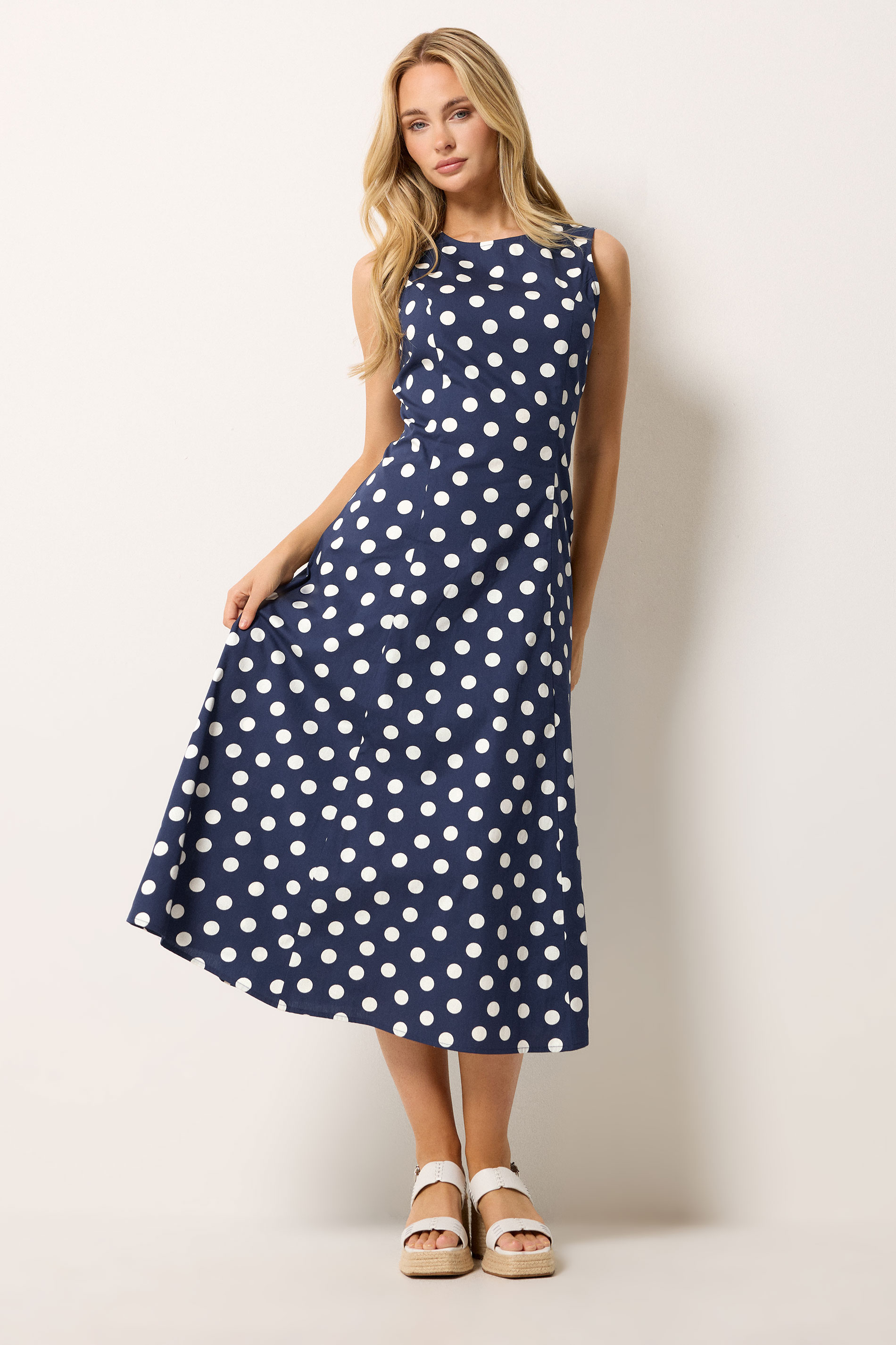 M&Co Navy Blue Polka Dot Fit & Flare Cotton Maxi Dress | M&Co 3