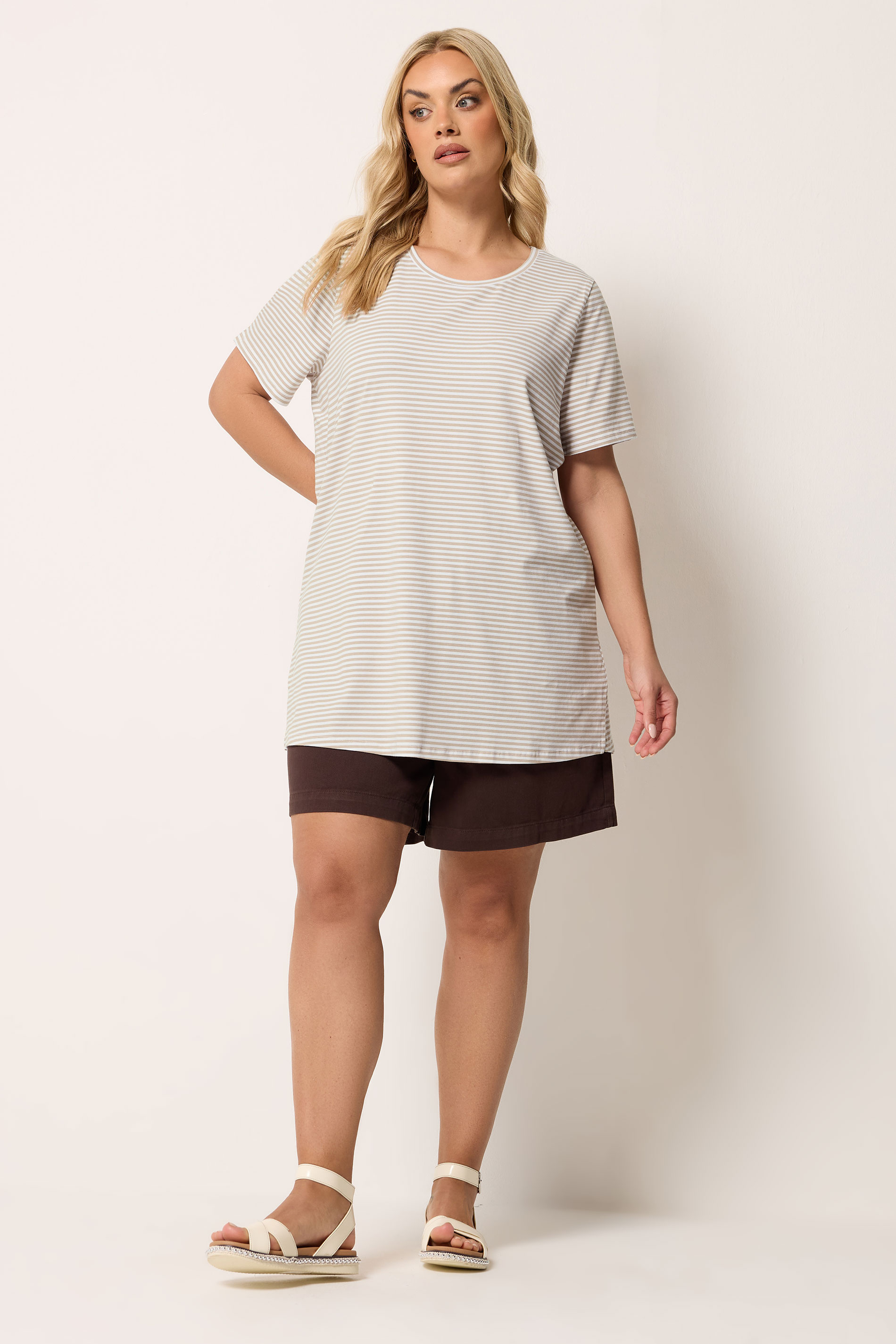 YOURS Plus Size Natural Brown Stripe Swing T-Shirt | Yours Clothing 2
