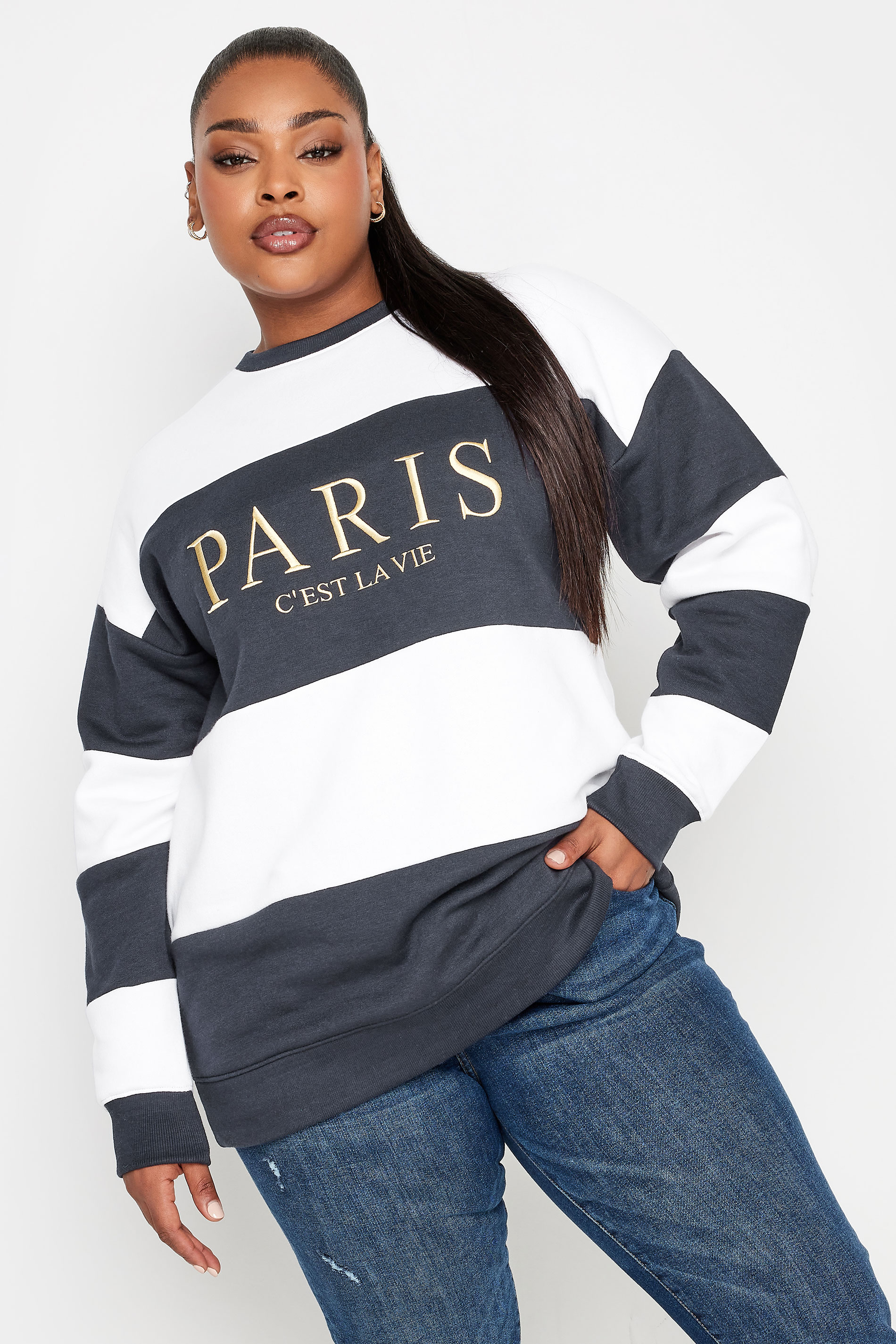 Product Video For YOURS Plus Size Navy Blue 'Paris' Stripe Print Sweatshirt | Yours Clothing 1