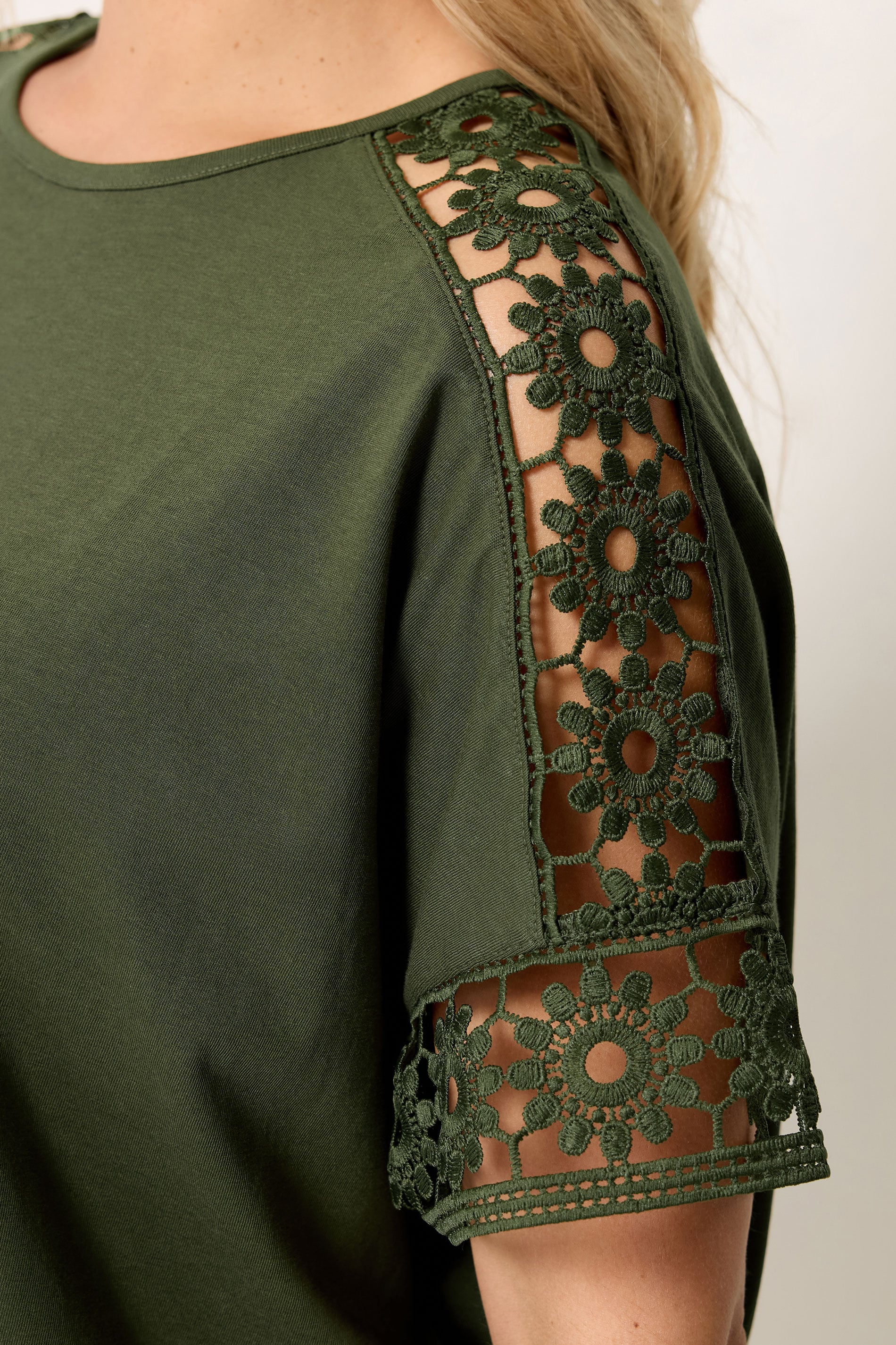 YOURS Curve Khaki Green Crochet Sleeve Boxy T-Shirt | Yours Clothing 4