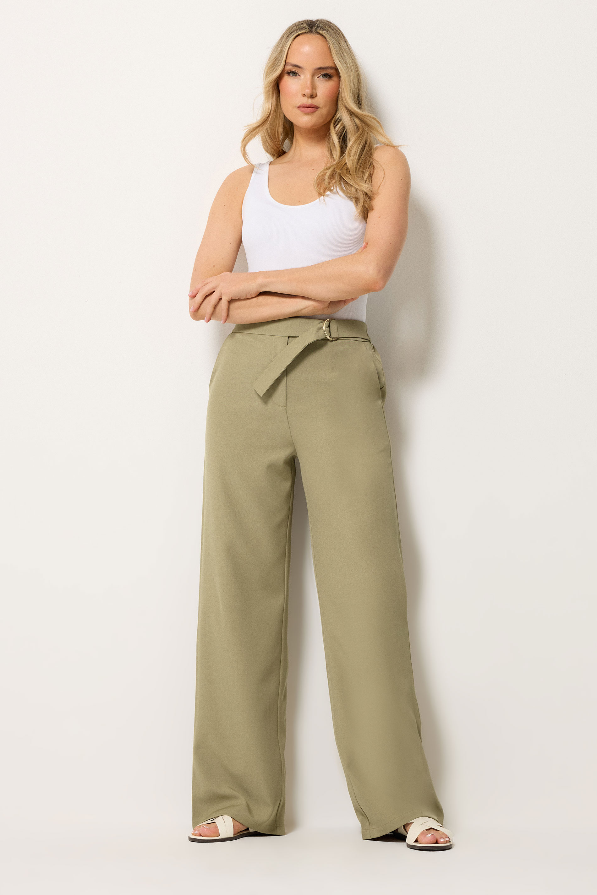 LTS Tall Women's Sage Green Tab Detail Wide Leg Trousers | Long Tall Sally 3
