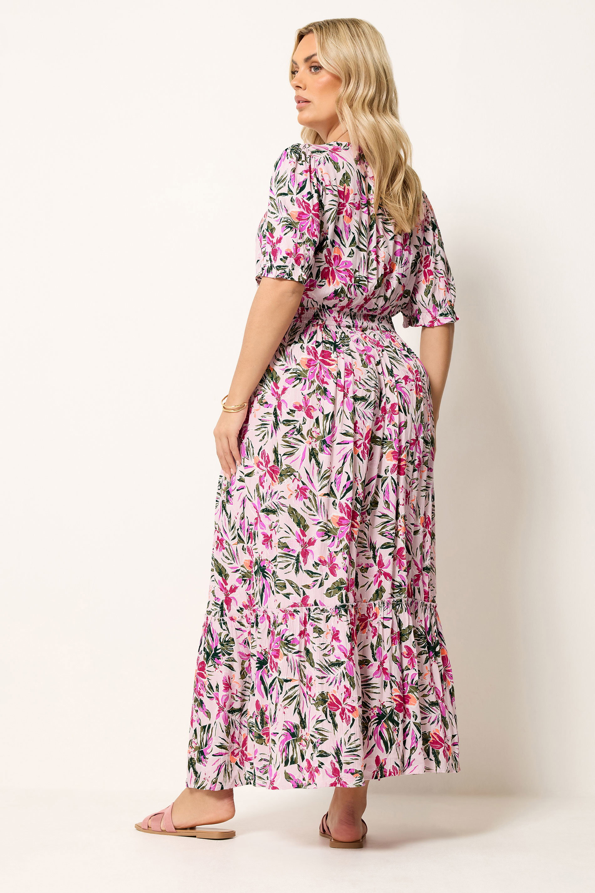YOURS Plus Pink Tropical Shirred Neck Maxi Dress | Yours Clothing 2