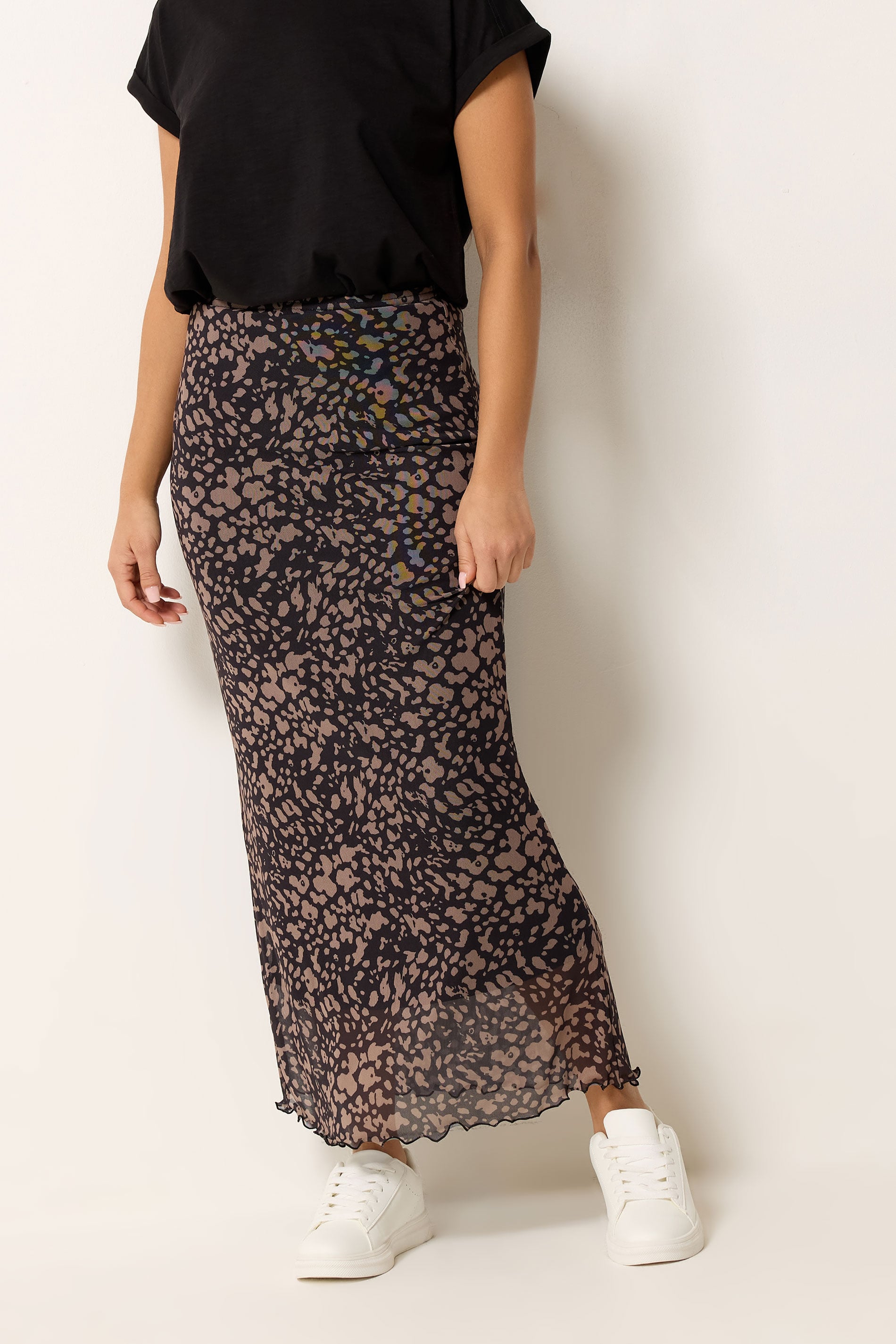 M&Co Petite Brown Abstract Print Mesh Maxi Skirt | M&Co 3