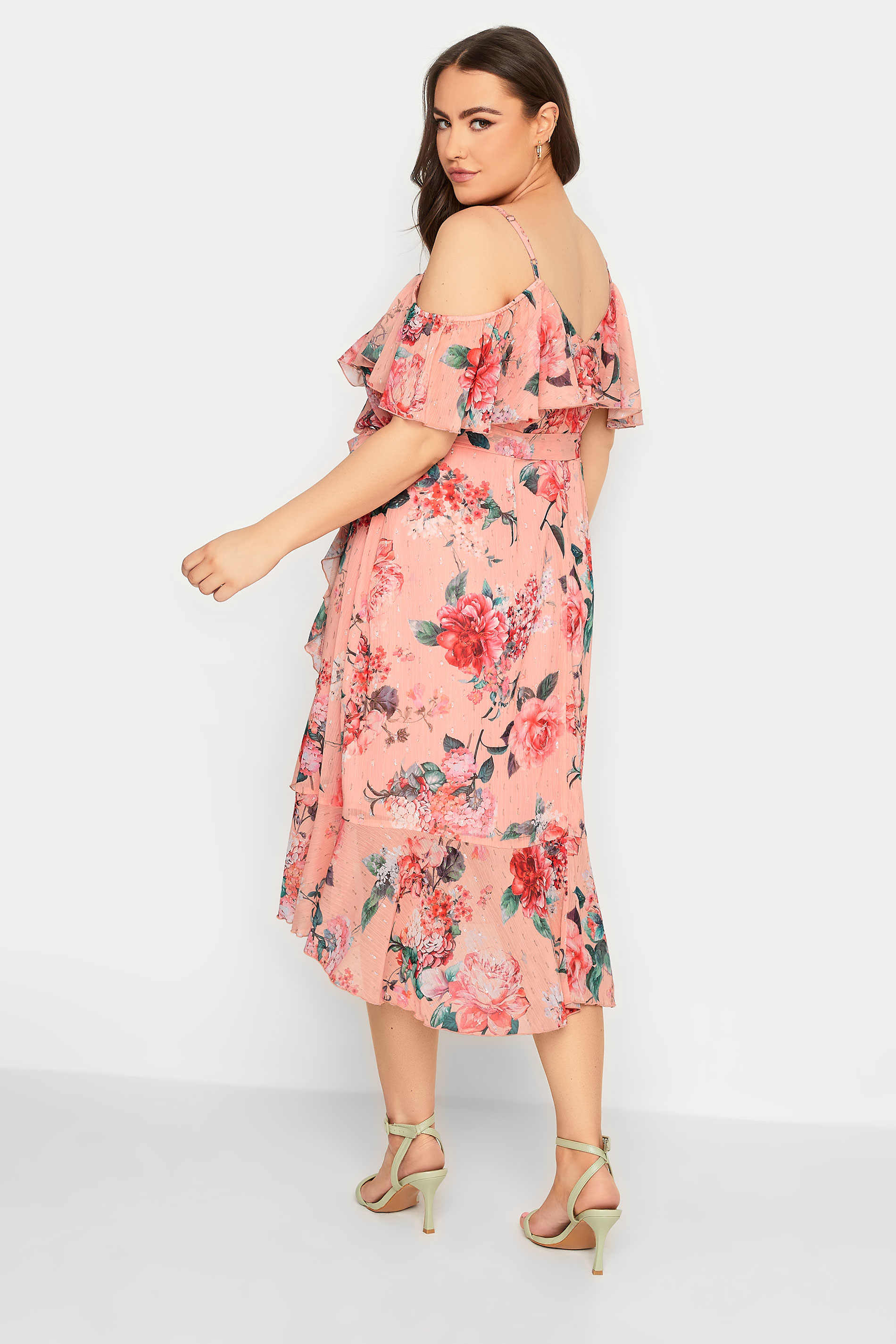 YOURS LONDON Curve Plus Size Pink Cold Shoulder Floral Wrap Dress | Yours Clothing  3