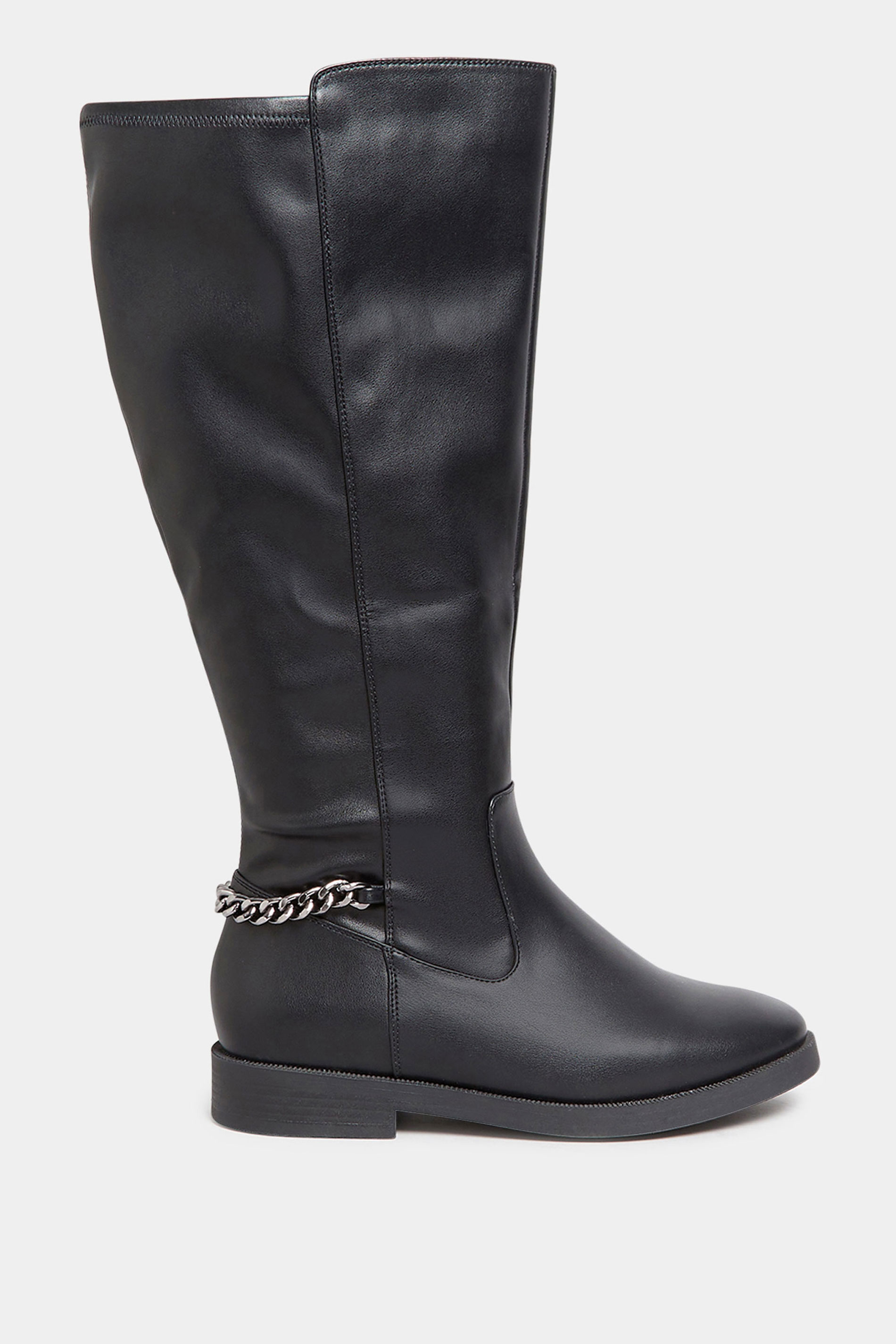 Curve Black Knee High Chain Detail Boots In Wide E Fit & Extra Wide EEE Fit  3