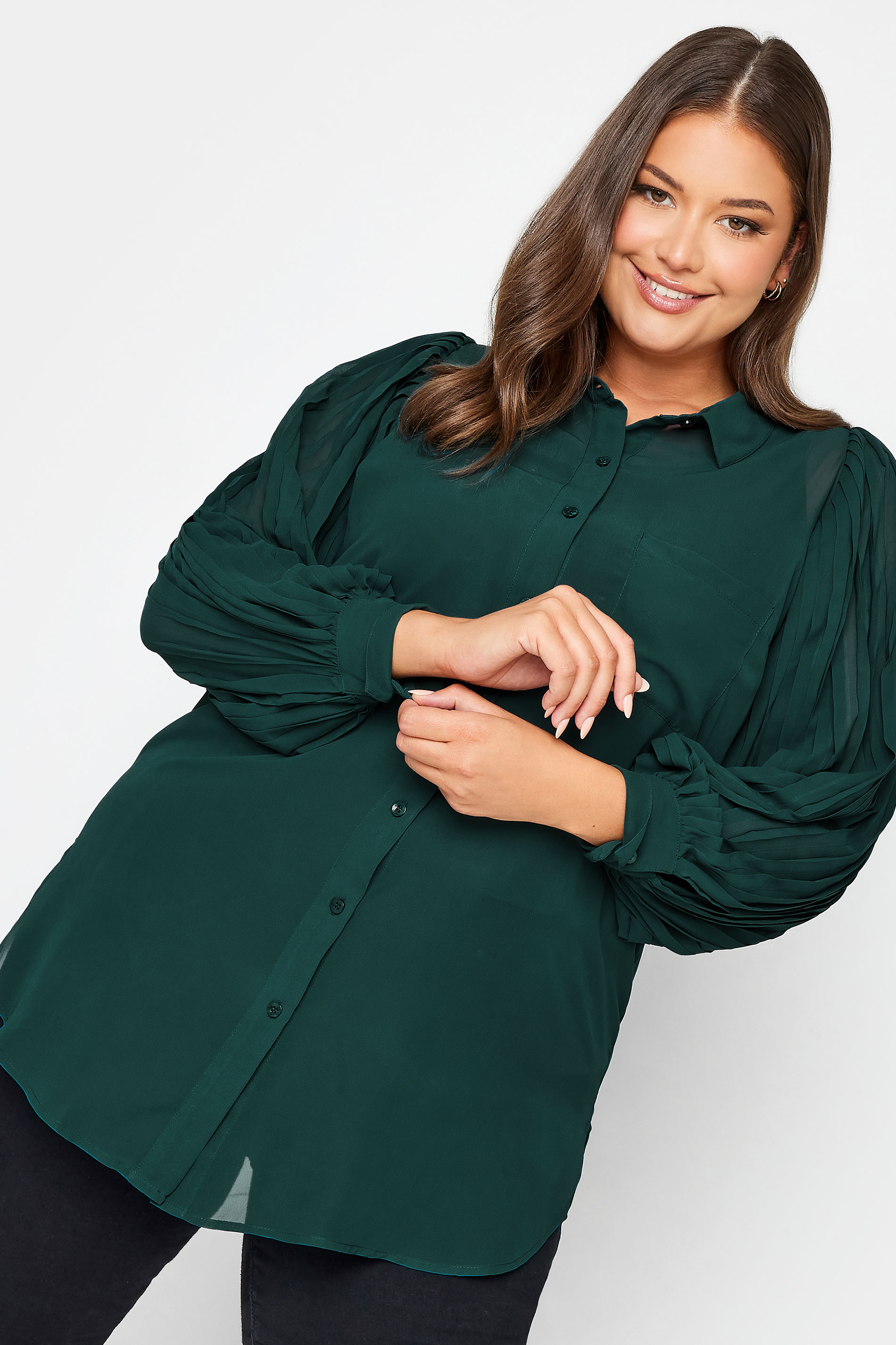 YOURS LONDON Plus Size Dark Green Pleat Sleeve Shirt | Yours Clothing 1