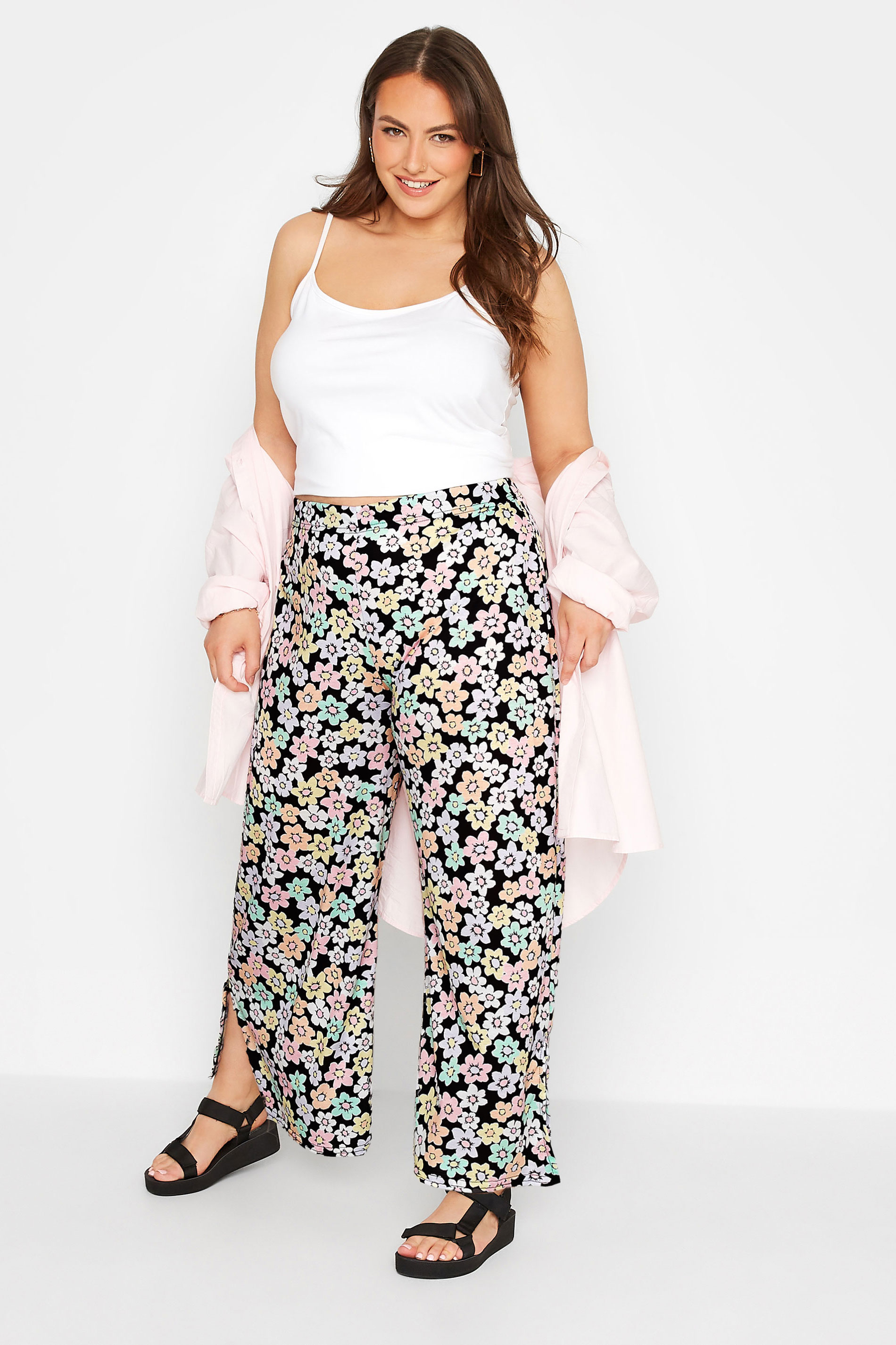 Plus Size Black Pastel Floral Print Split Side Wide Leg Trousers | Yours Clothing 2