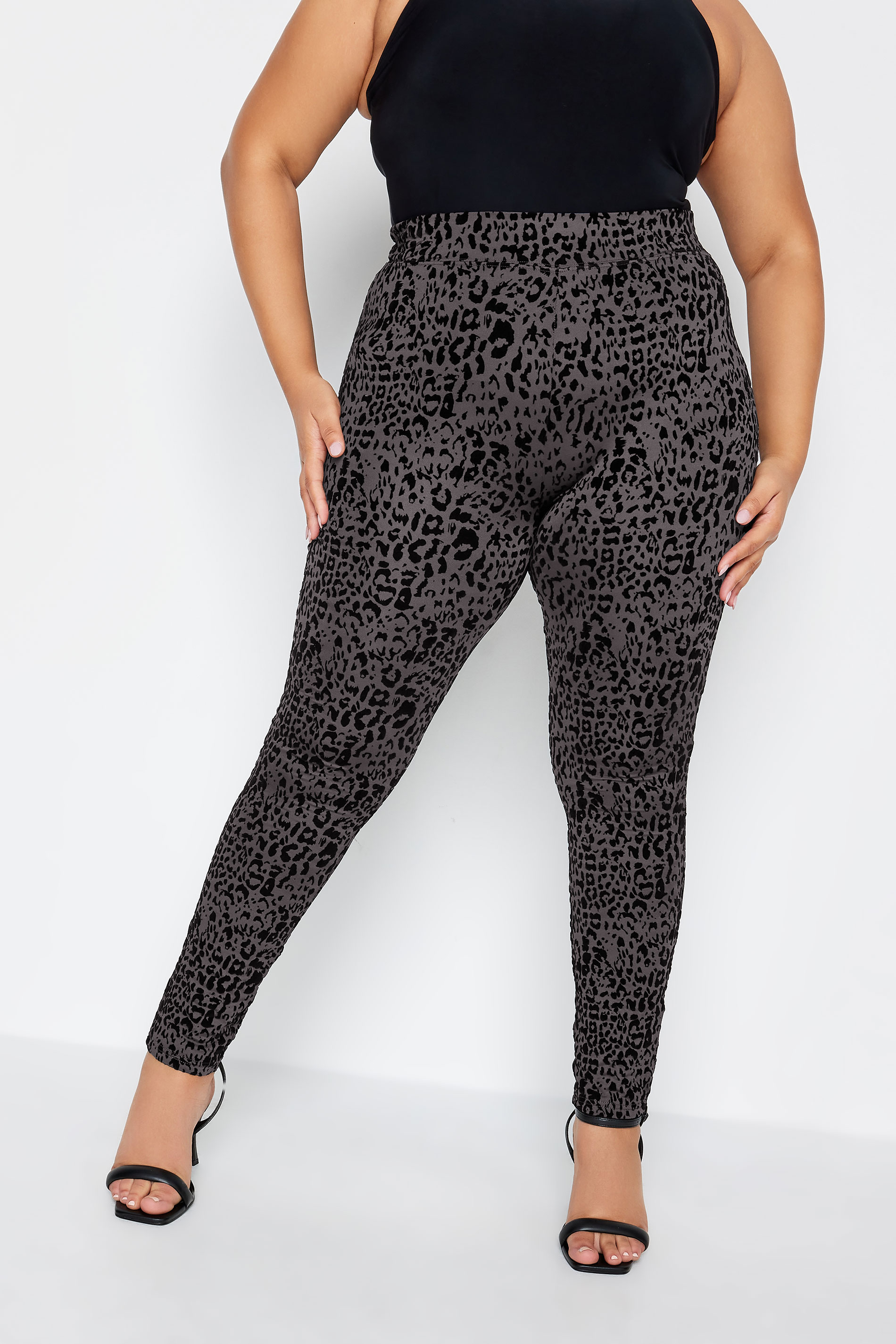 YOURS Plus Size Grey Flocked Leopard Print Leggings | Yours Clothing 1