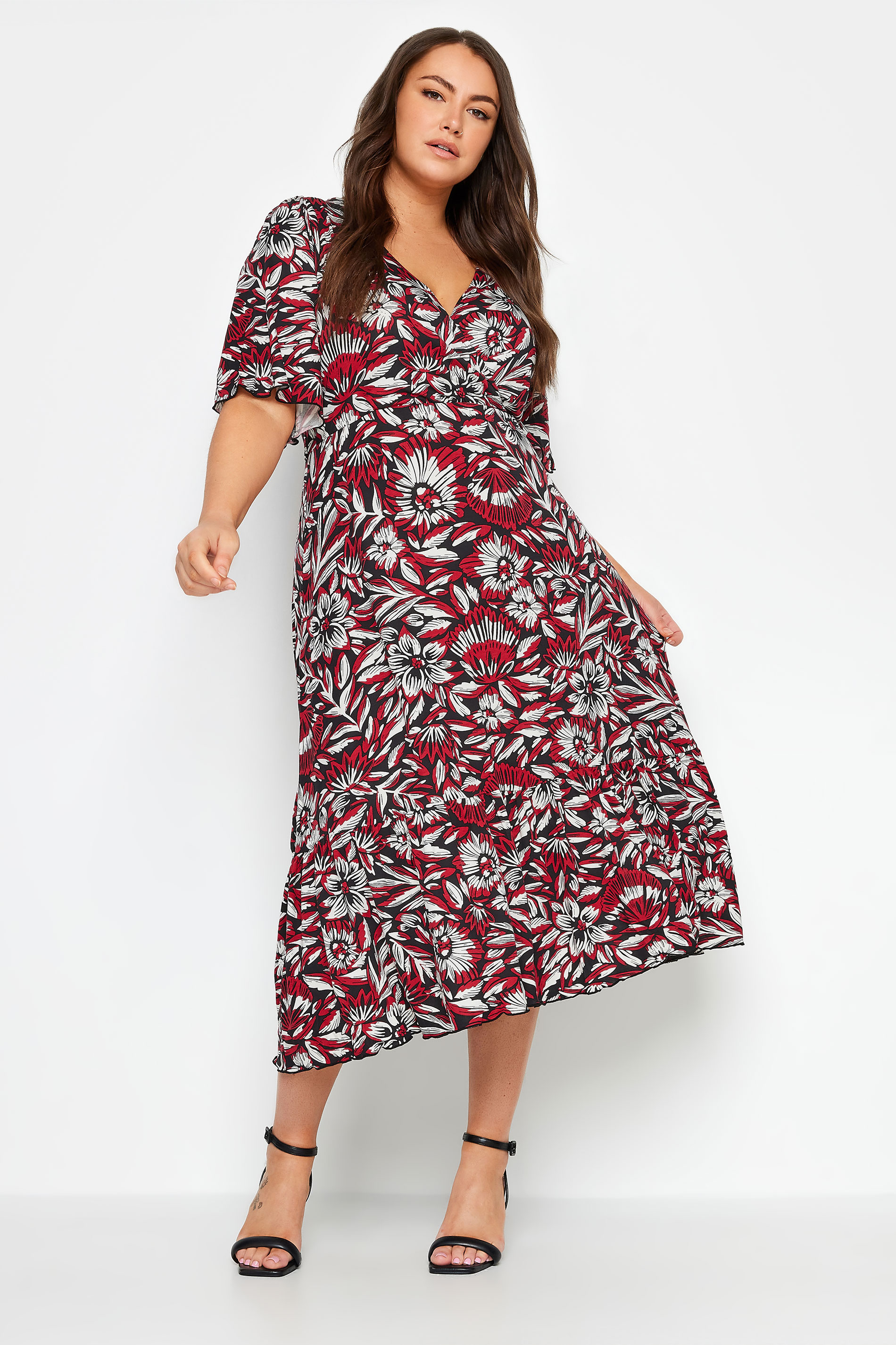 YOURS Plus Size Red Floral Print Angel Sleeve Midi Dress | Yours Clothing 1