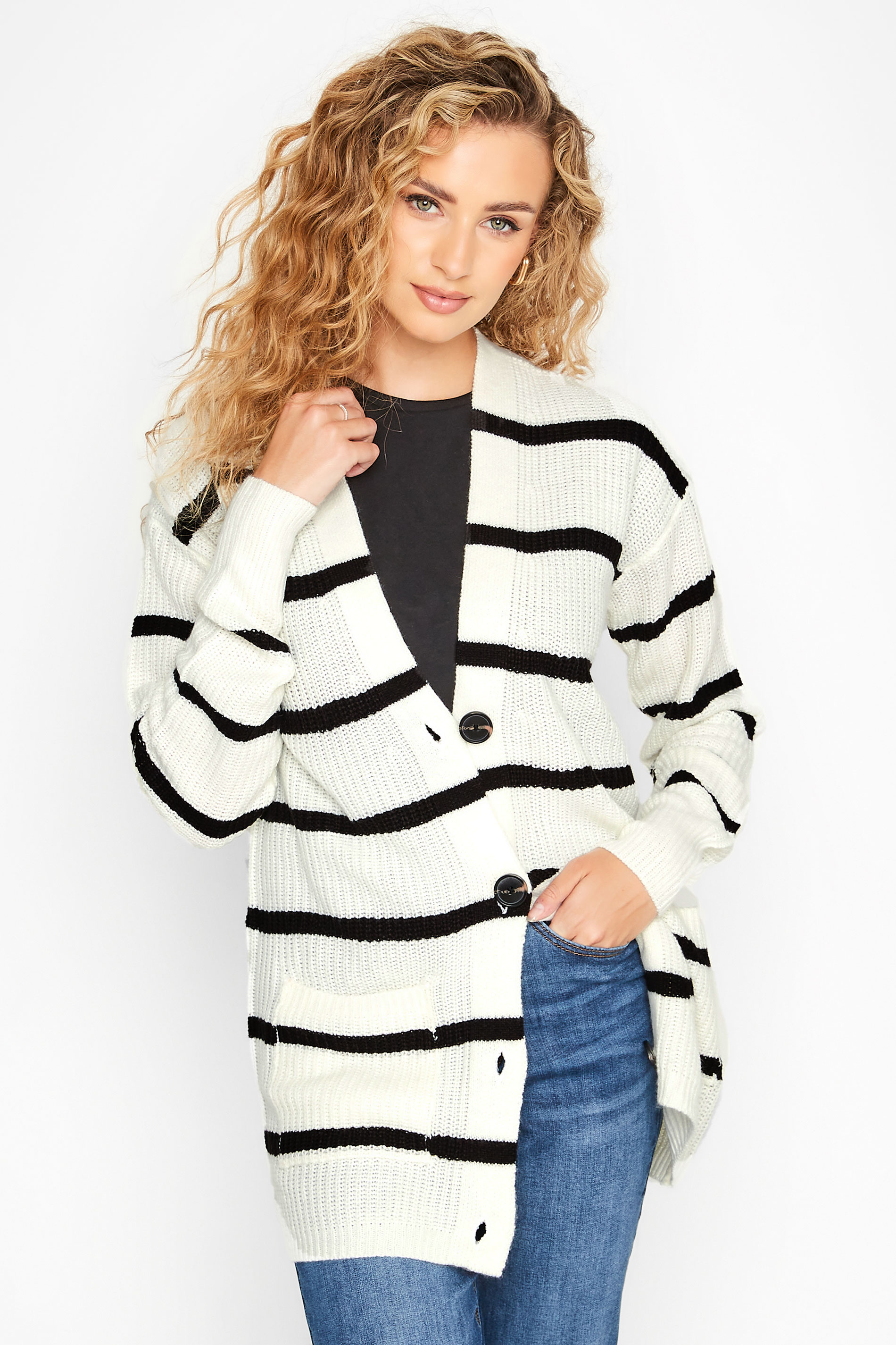 Tall Women's LTS White Stripe Knitted Cardigan | Long Tall Sally 1