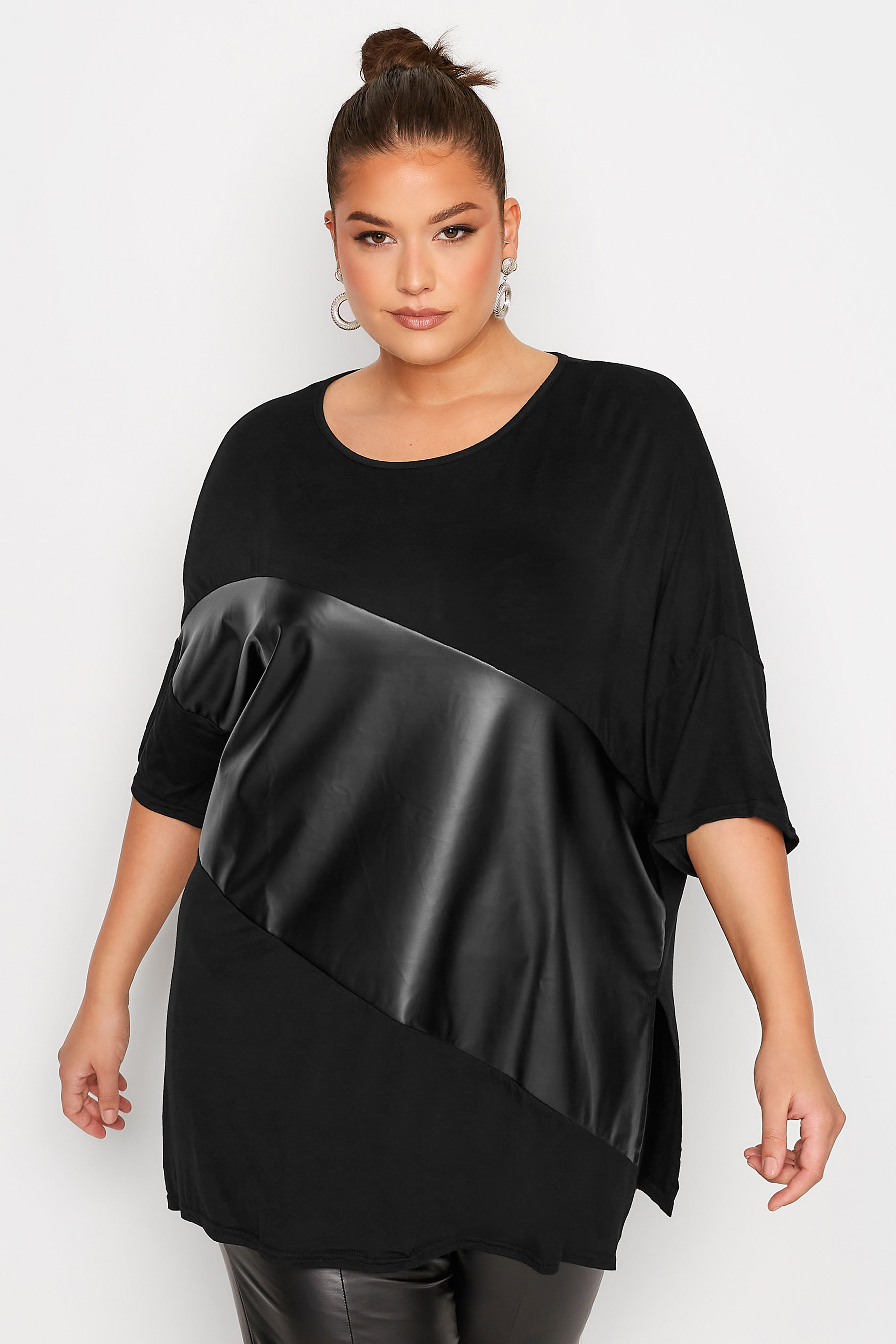 Plus Size Black Leather Look Colour Block Oversized T-Shirt | Yours Clothing 1