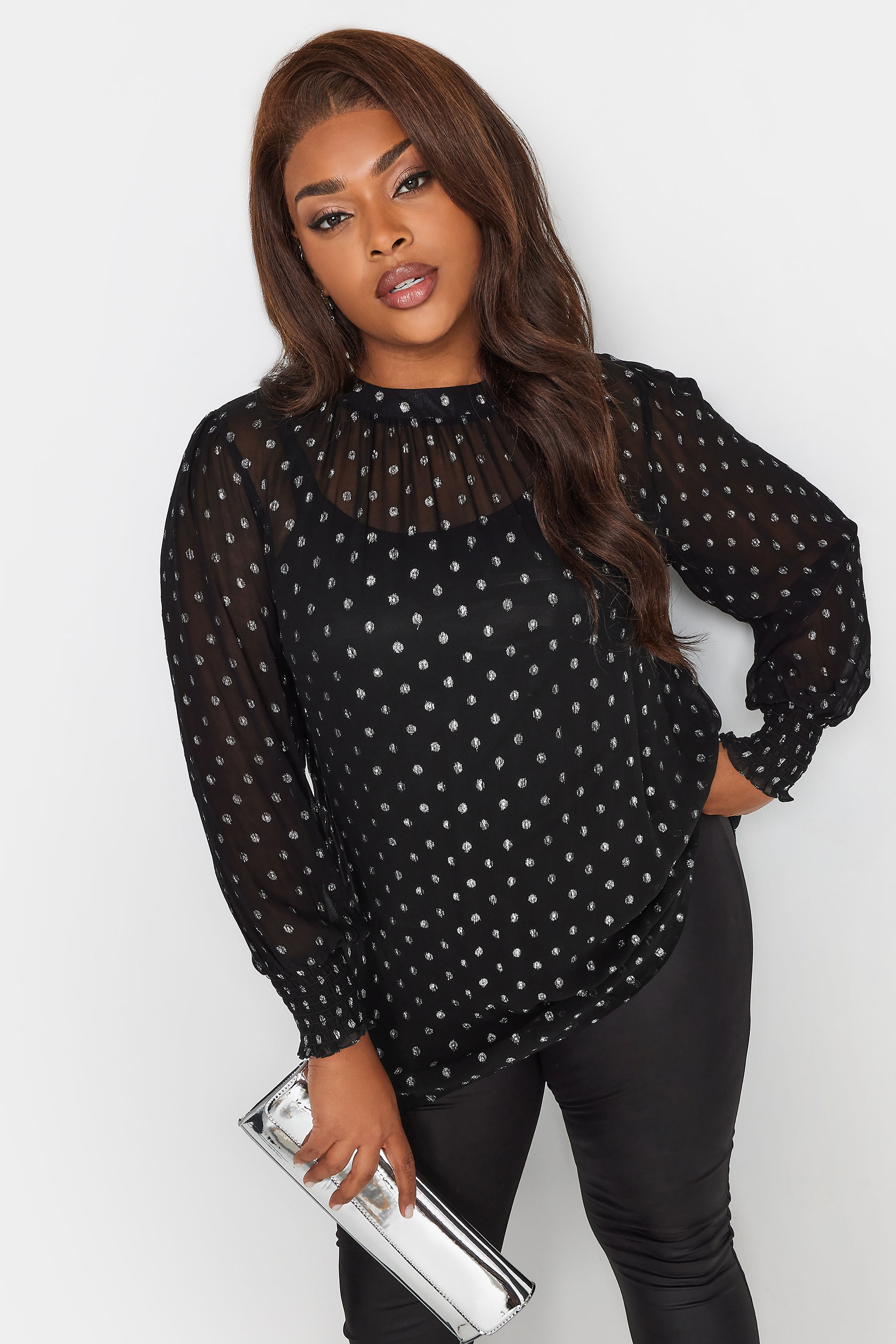 YOURS LONDON Plus Size Black Metallic Spot Print Shirred Cuff Blouse | Yours Clothing 2